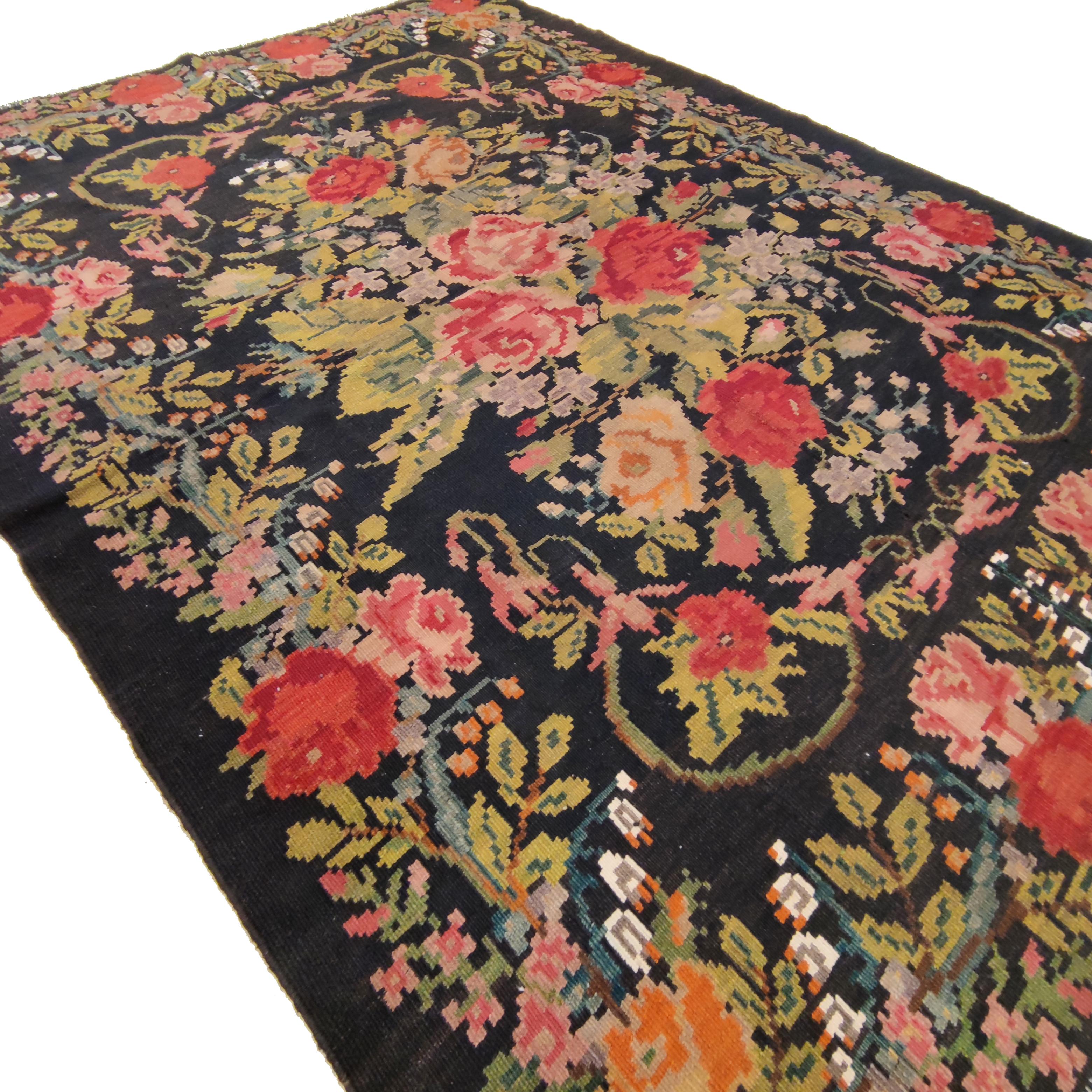 Ukrainian Vintage Black Ground Bessarabian Kilim with Botanical Pattern For Sale