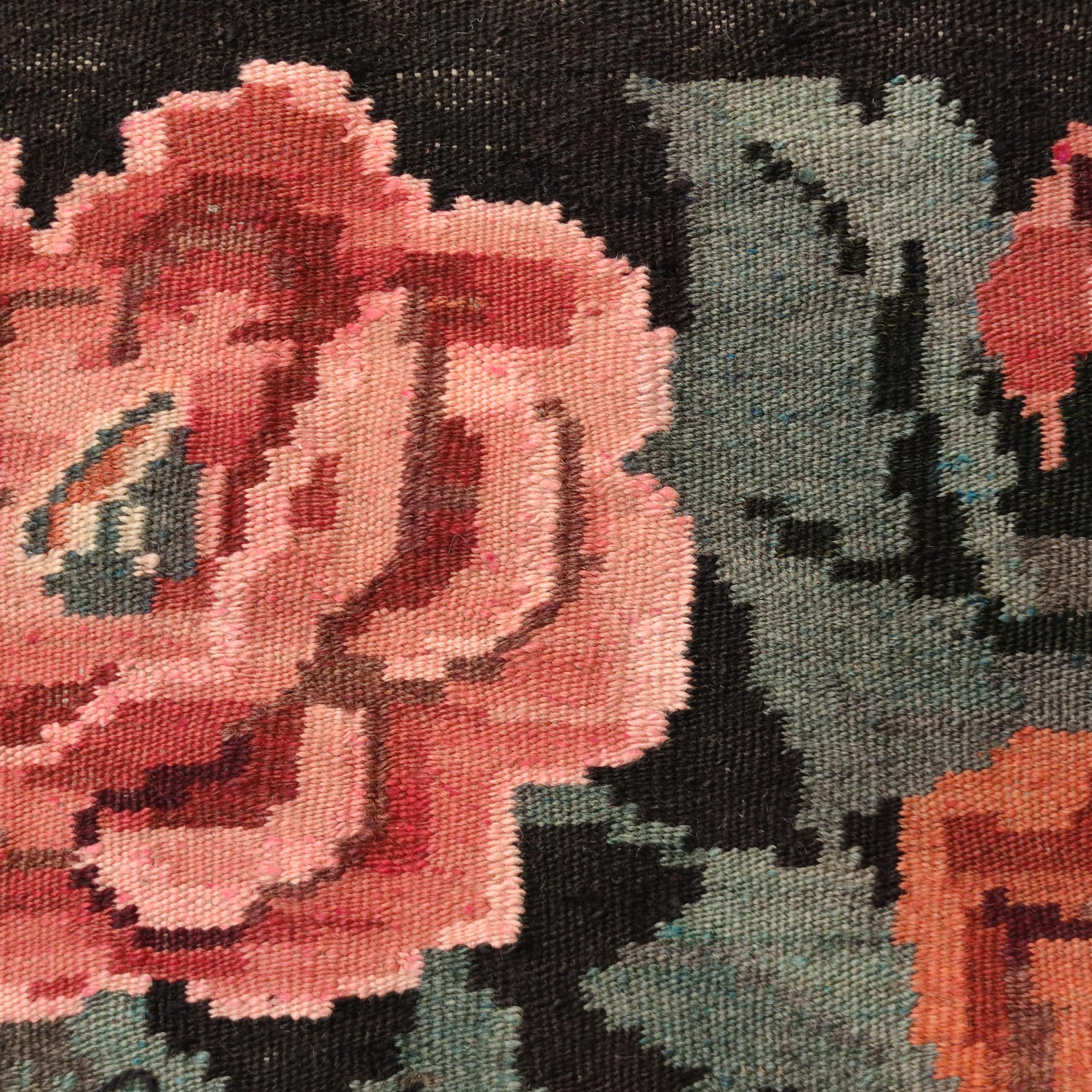 Ukrainian Vintage Black Ground Bessarabian Kilim with Botanical Pattern