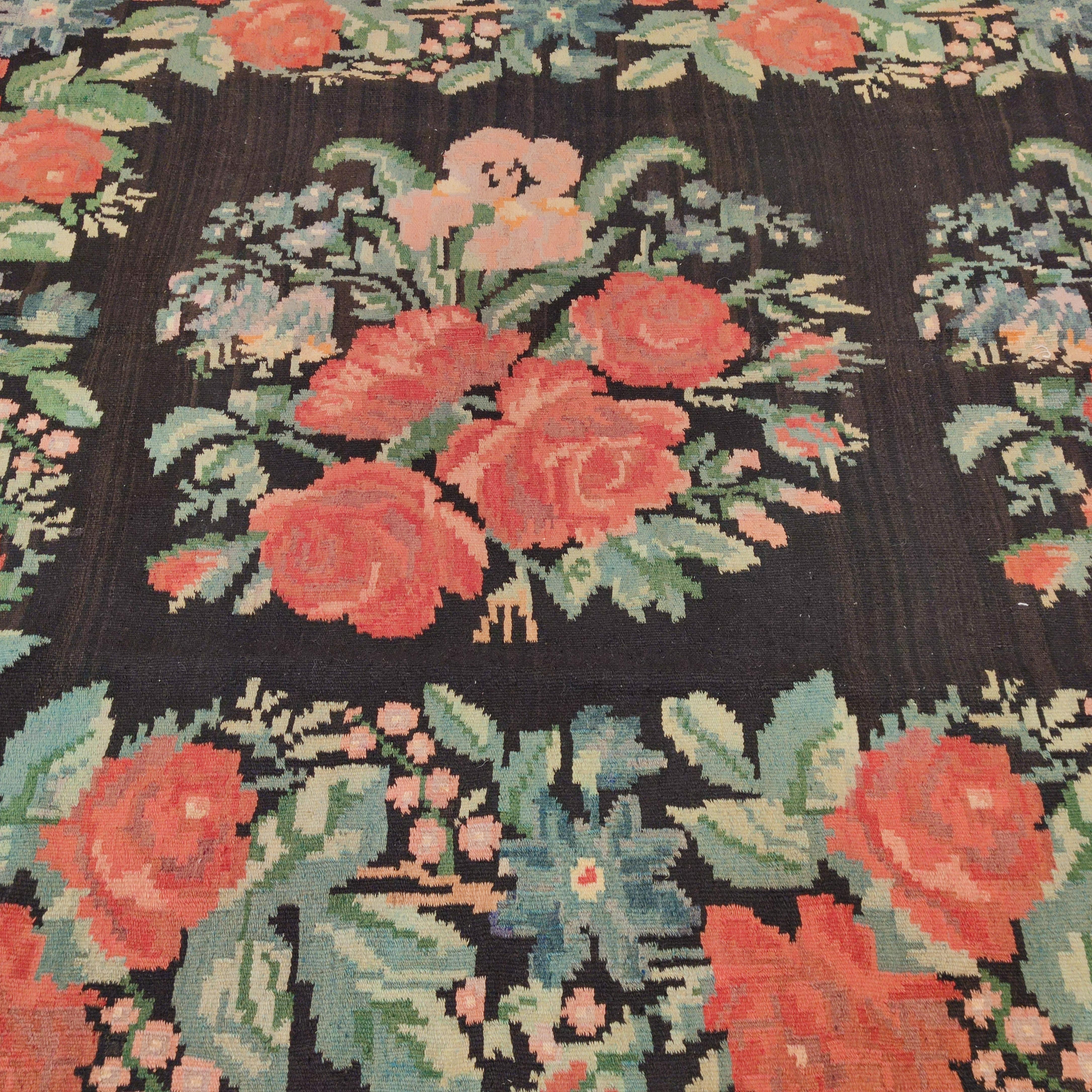 Ukrainian Vintage Black Ground Bessarabian Kilim with Botanical Pattern For Sale