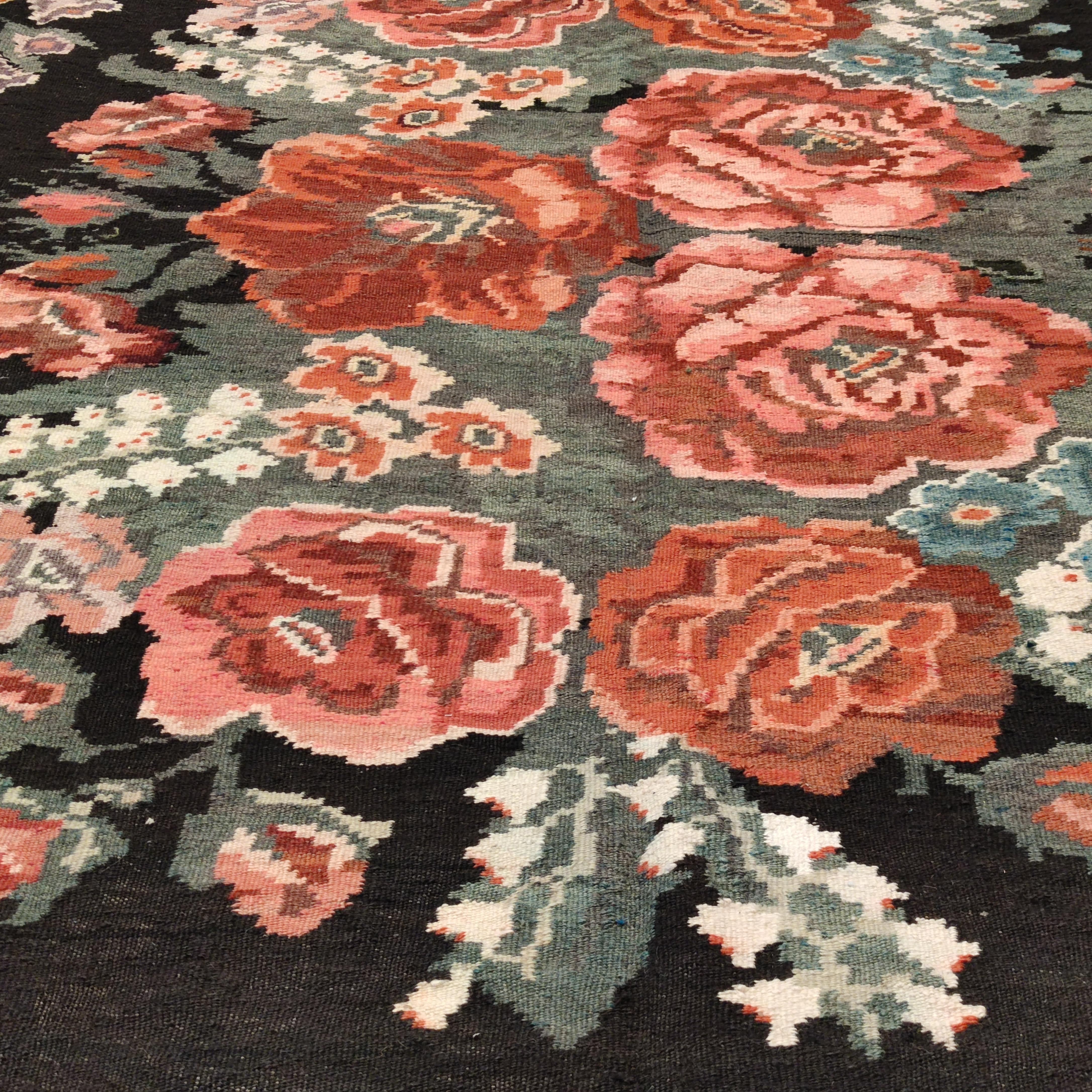Hand-Woven Vintage Black Ground Bessarabian Kilim with Botanical Pattern