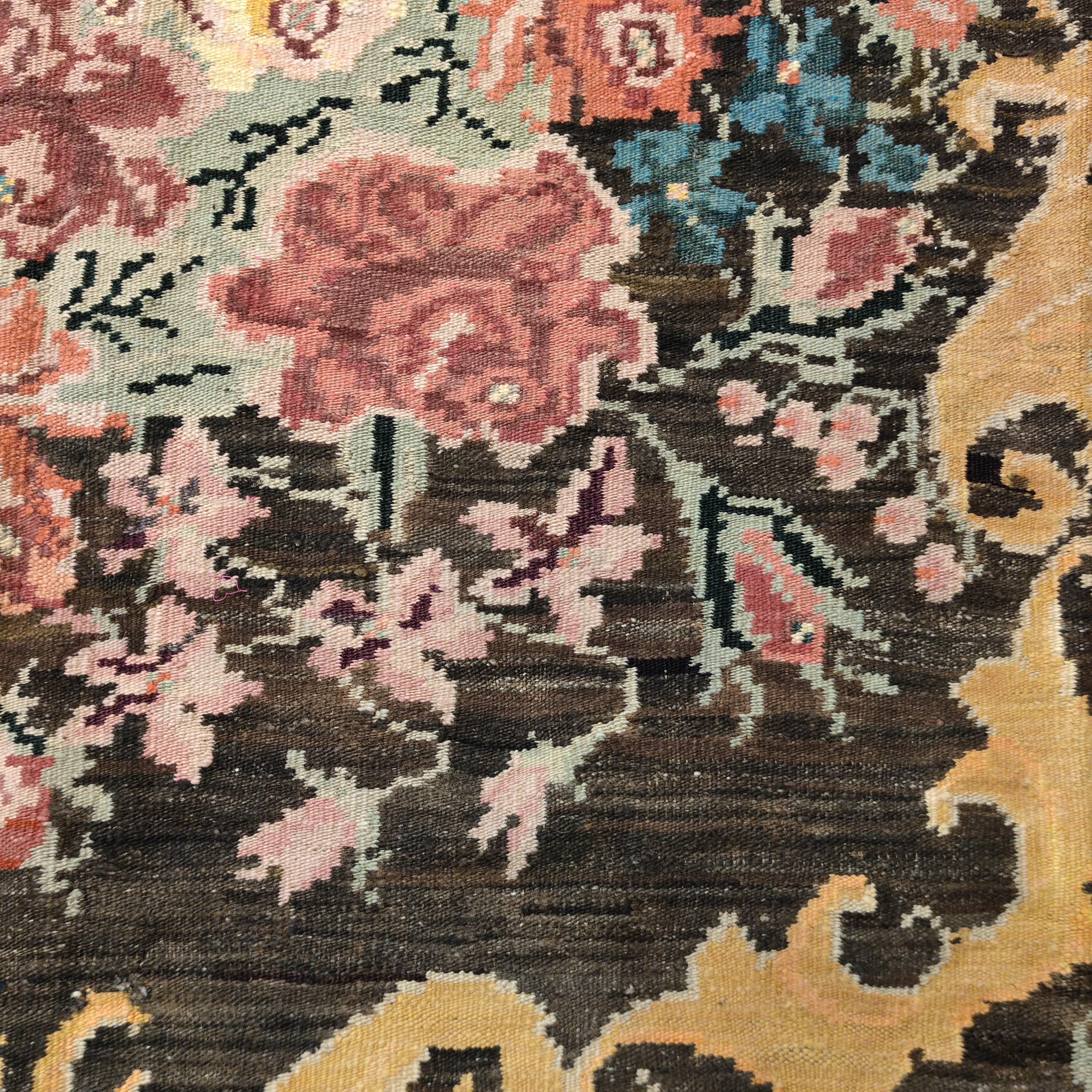 Mid-20th Century Vintage Black Ground Bessarabian Kilim with Botanical Pattern For Sale