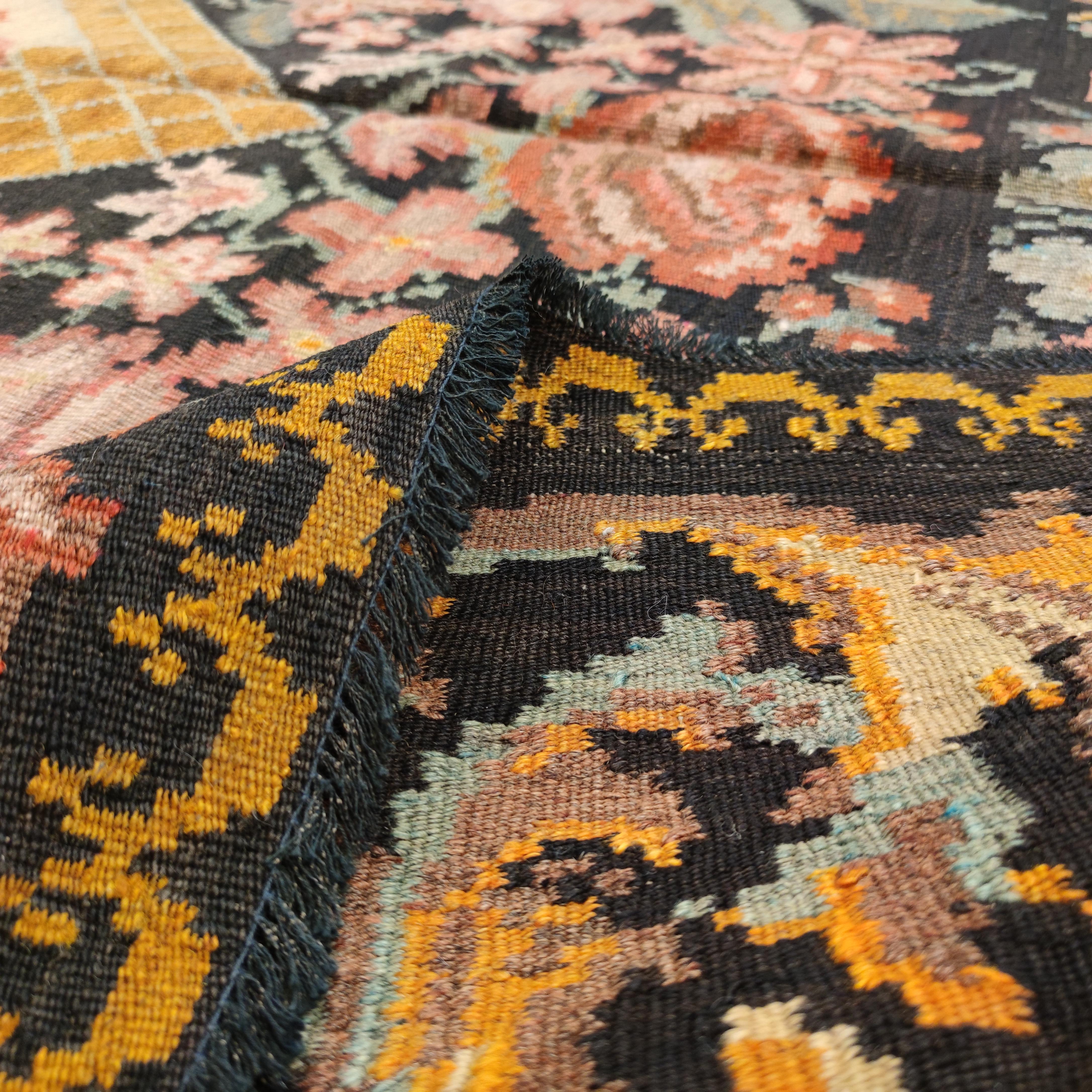 Mid-20th Century Vintage Black Ground Bessarabian Kilim with Botanical Pattern For Sale