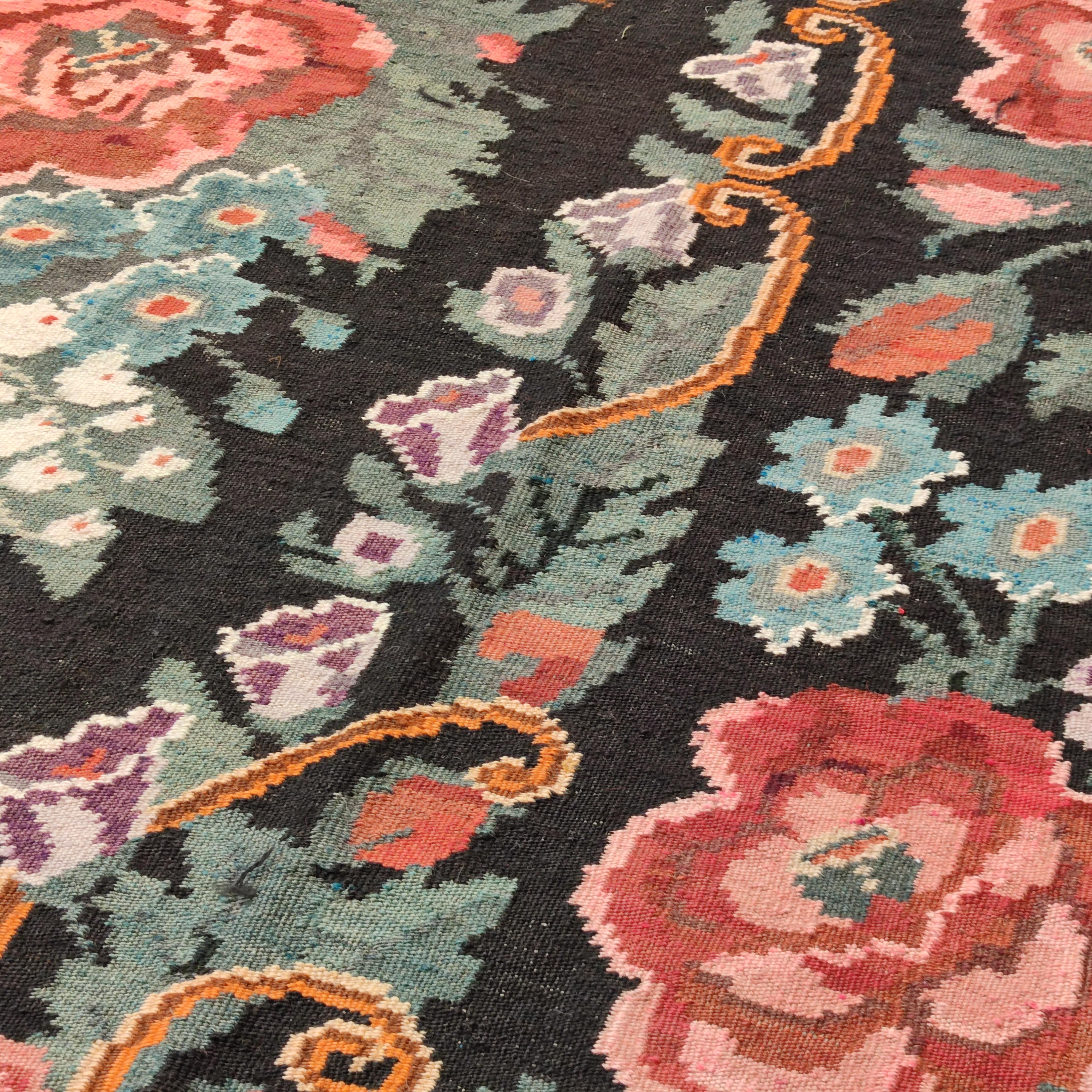 Mid-20th Century Vintage Black Ground Bessarabian Kilim with Botanical Pattern