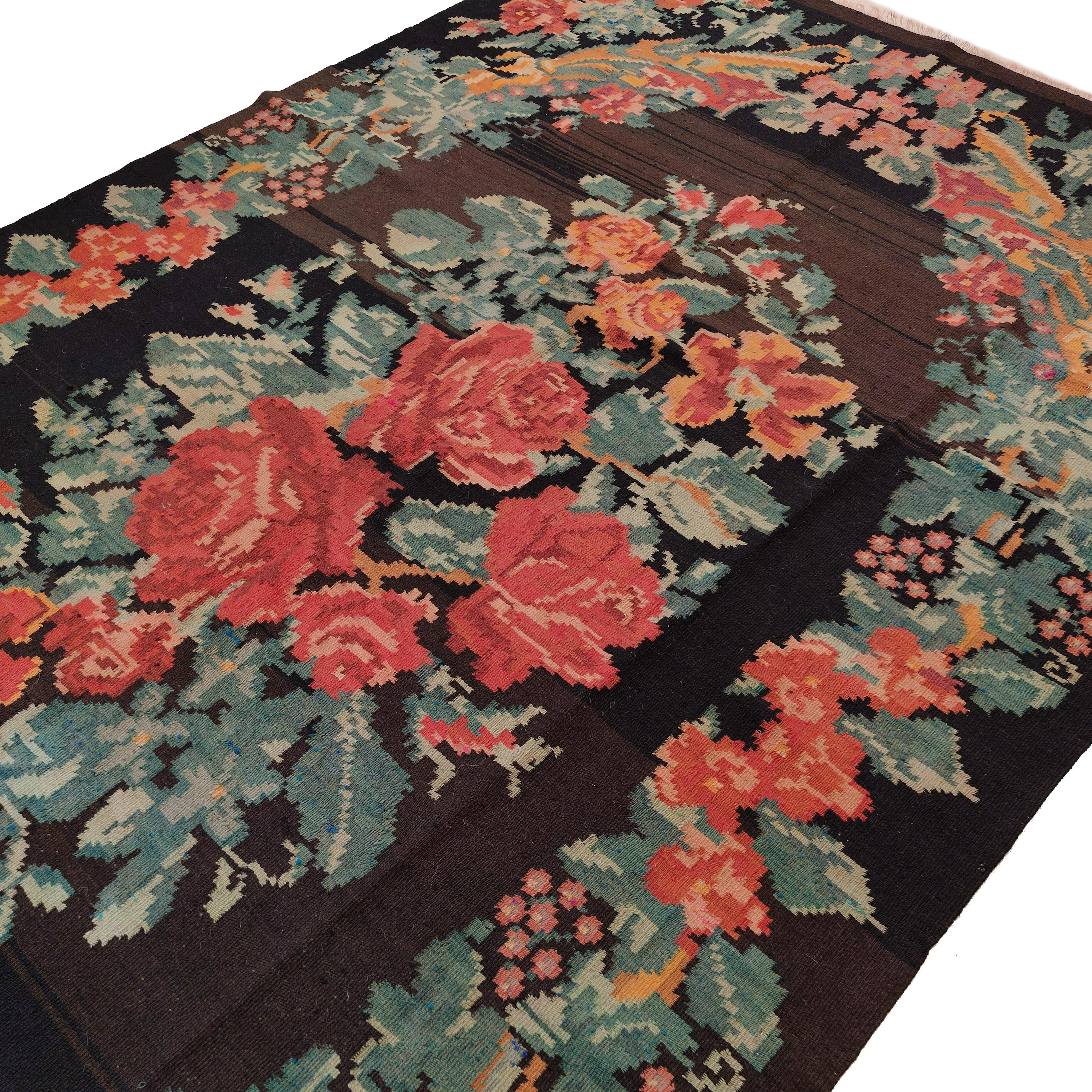 Mid-20th Century Vintage Black Ground Bessarabian Kilim with Botanical Pattern For Sale