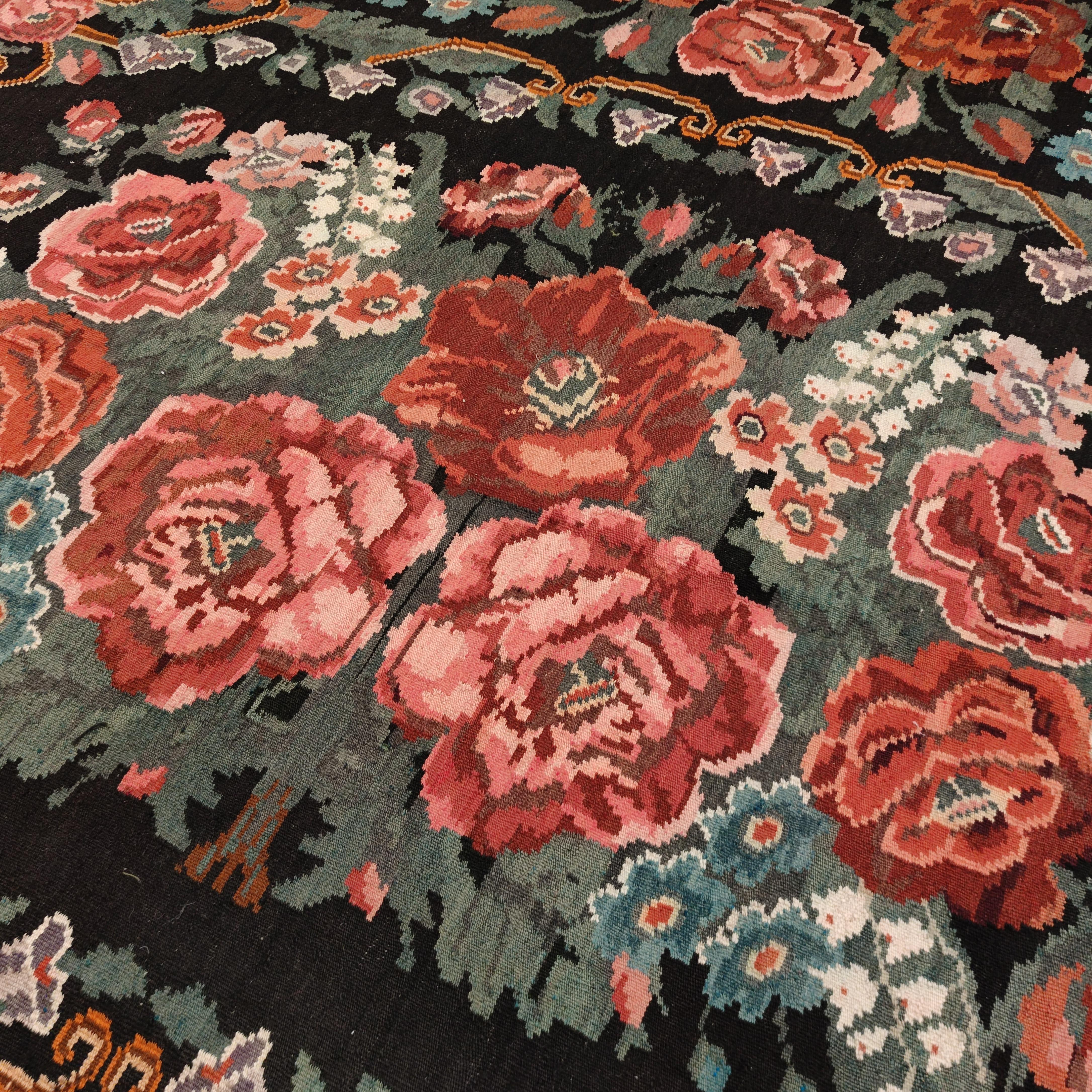 Wool Vintage Black Ground Bessarabian Kilim with Botanical Pattern