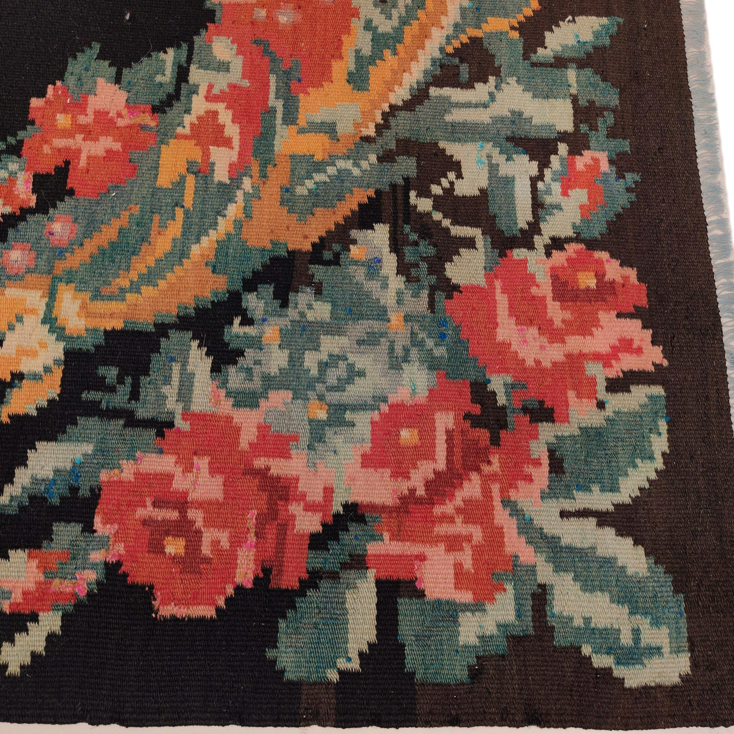 Wool Vintage Black Ground Bessarabian Kilim with Botanical Pattern For Sale