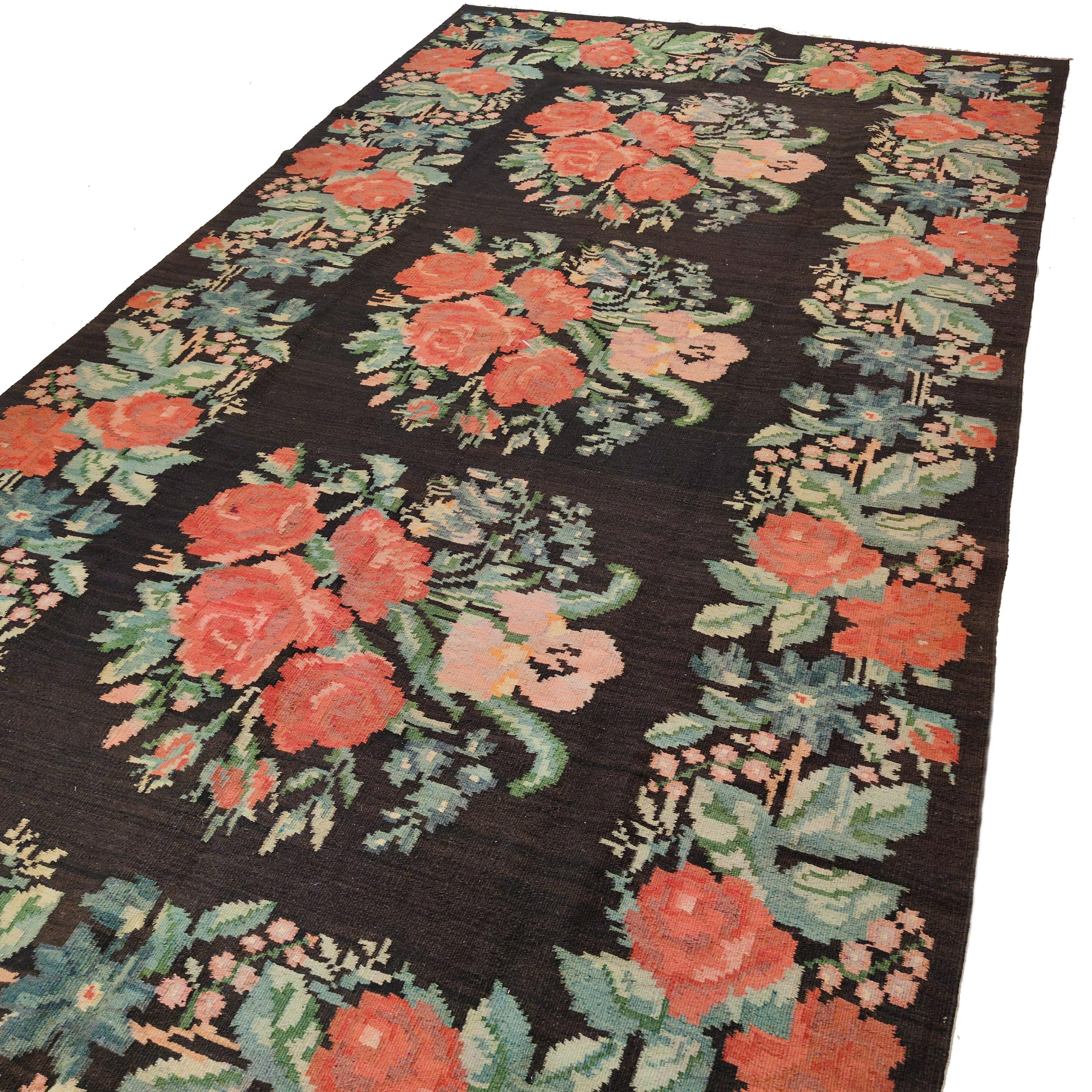 Wool Vintage Black Ground Bessarabian Kilim with Botanical Pattern For Sale
