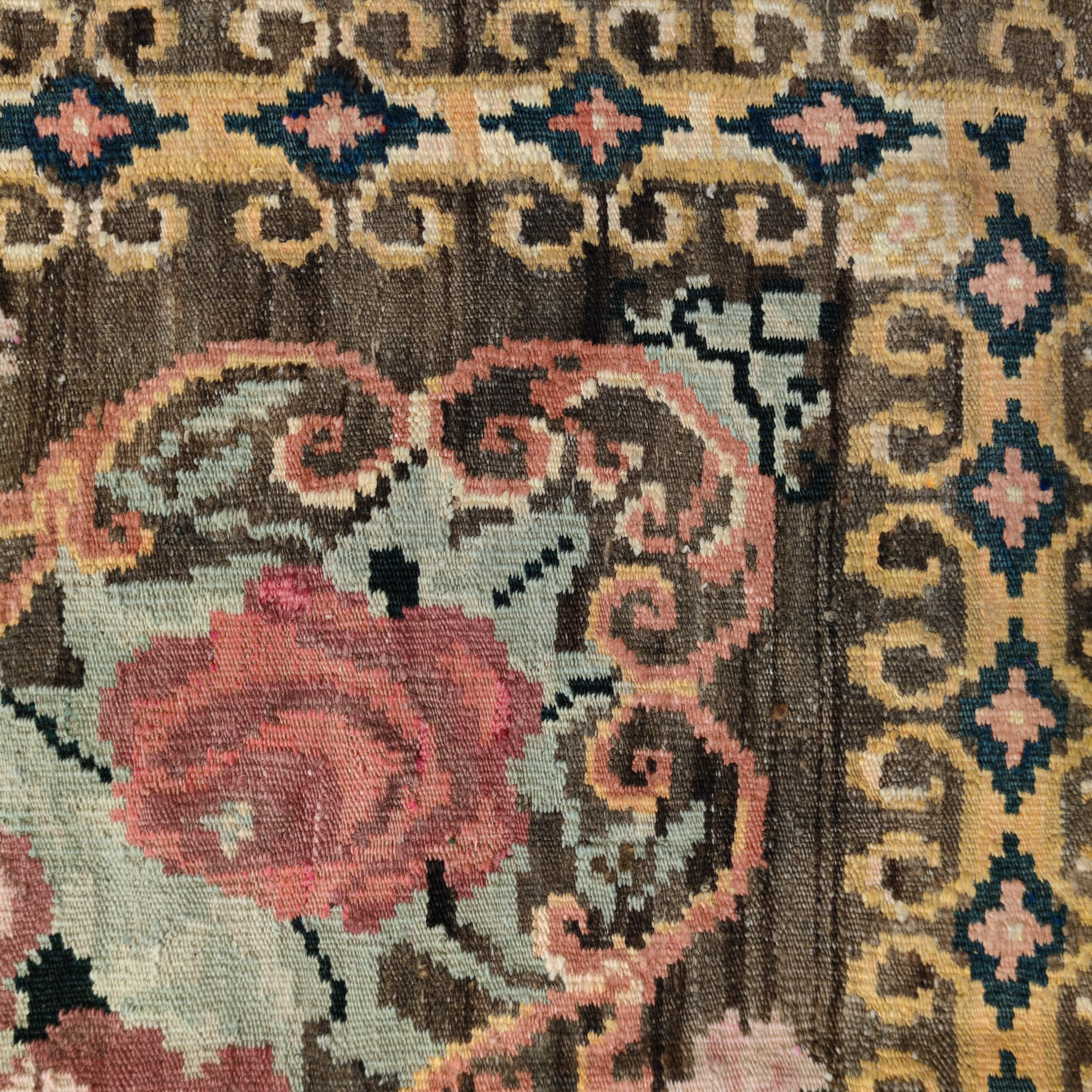 Vintage Black Ground Bessarabian Kilim with Botanical Pattern For Sale 1