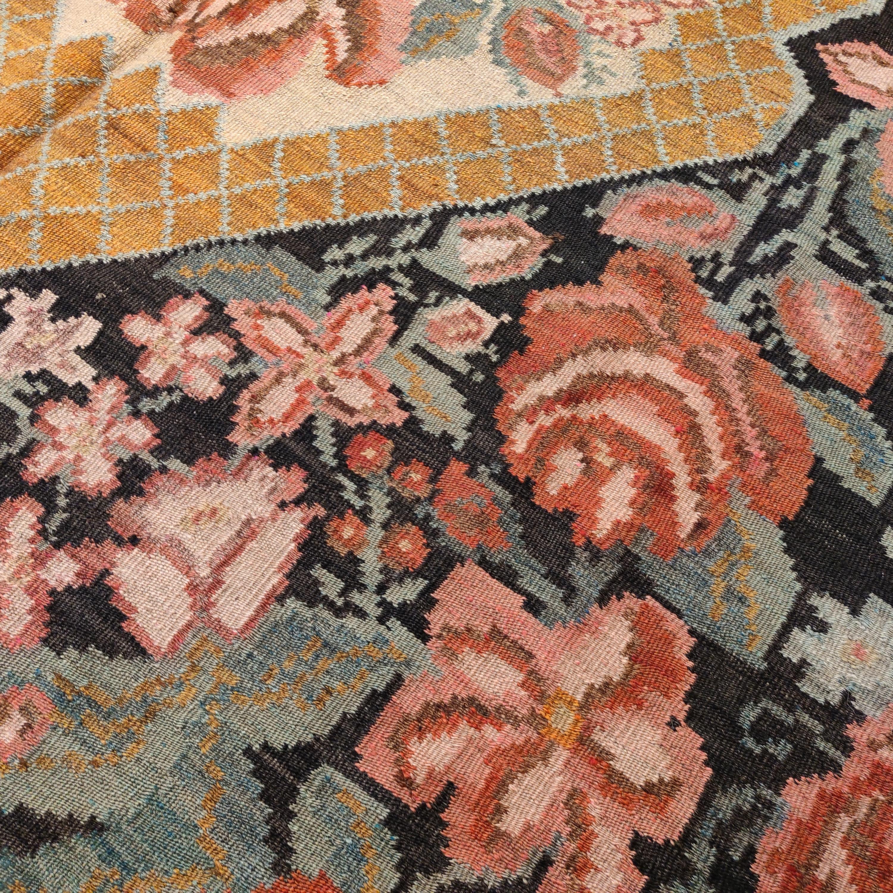 Vintage Black Ground Bessarabian Kilim with Botanical Pattern For Sale 1