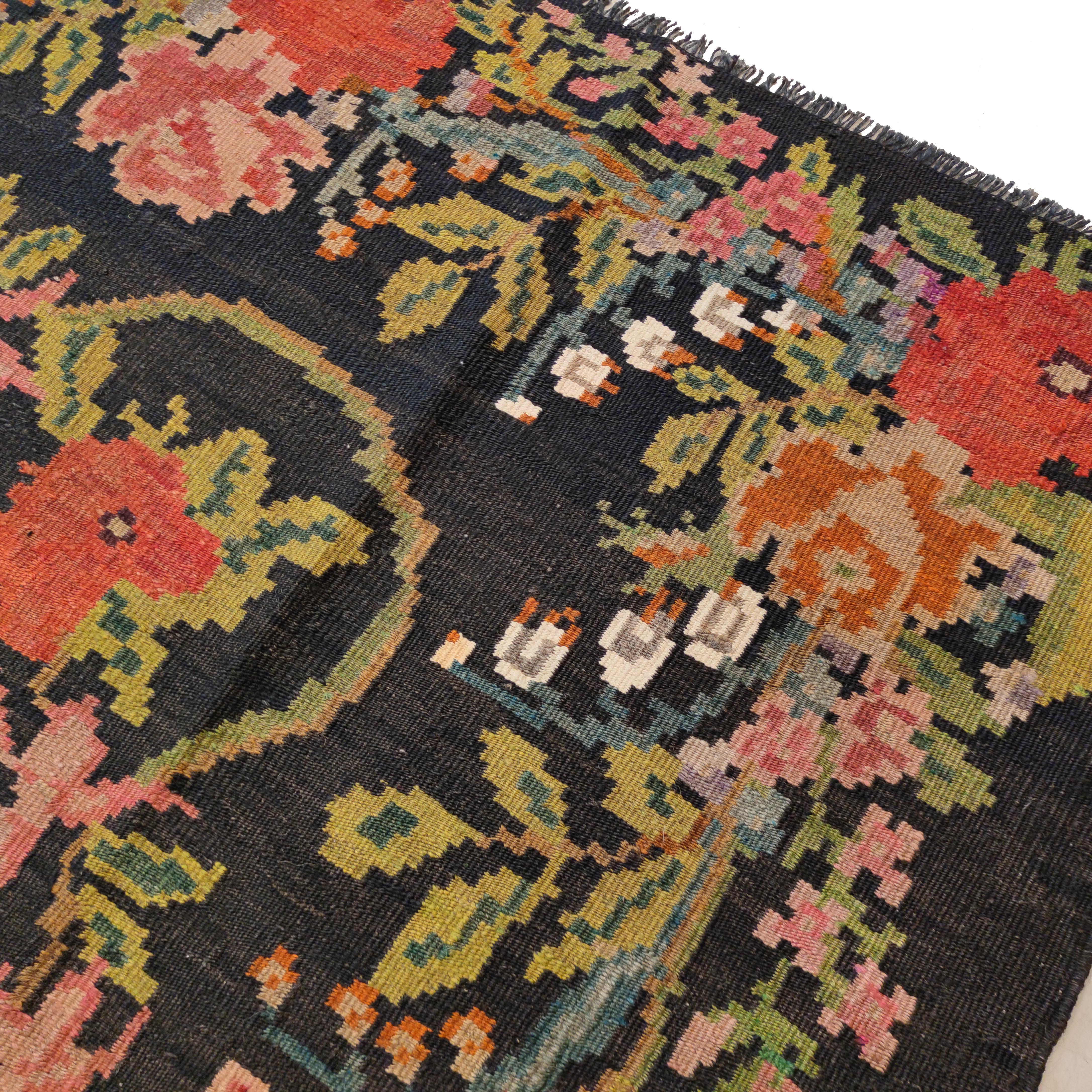 Vintage Black Ground Bessarabian Kilim with Botanical Pattern For Sale 1