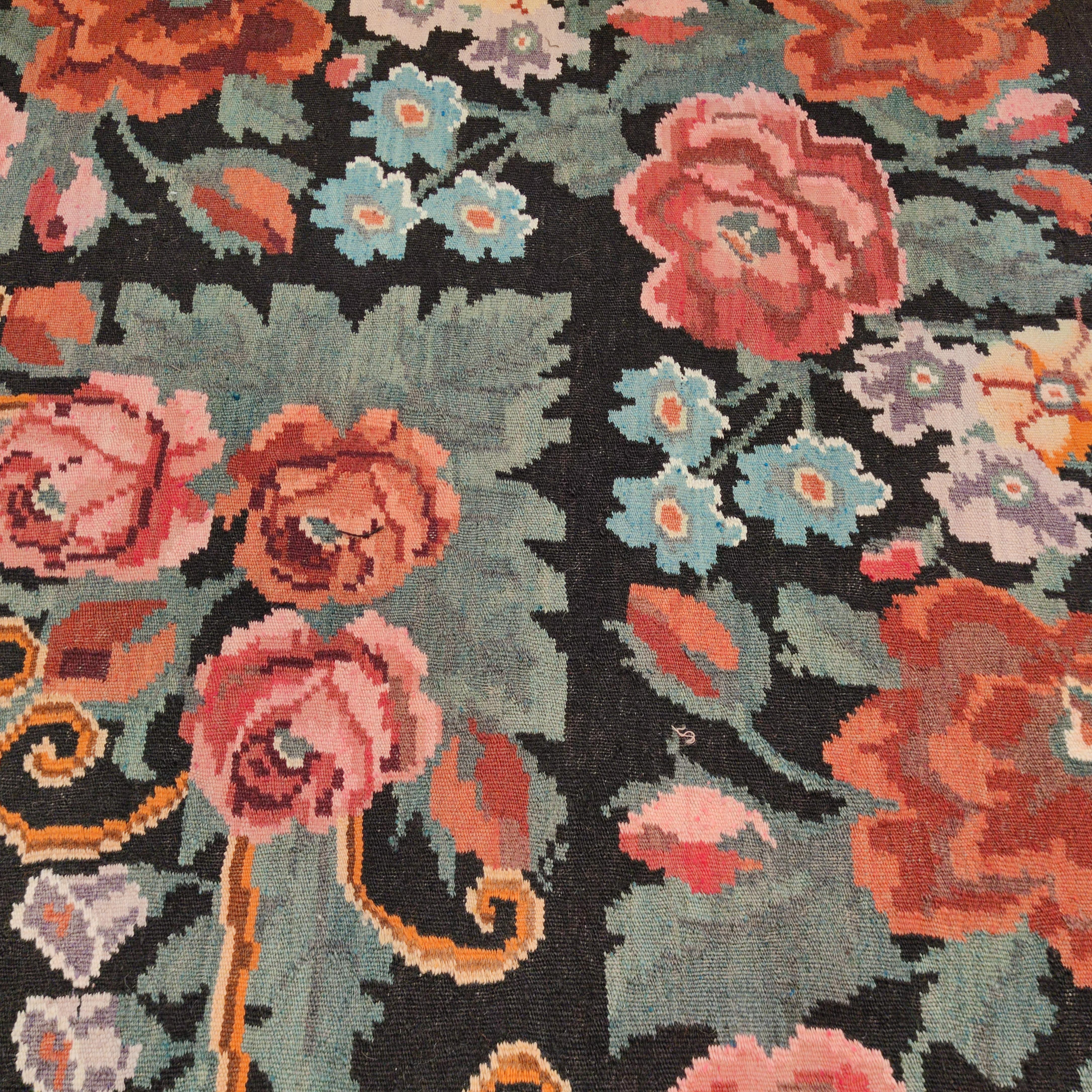 Vintage Black Ground Bessarabian Kilim with Botanical Pattern 1