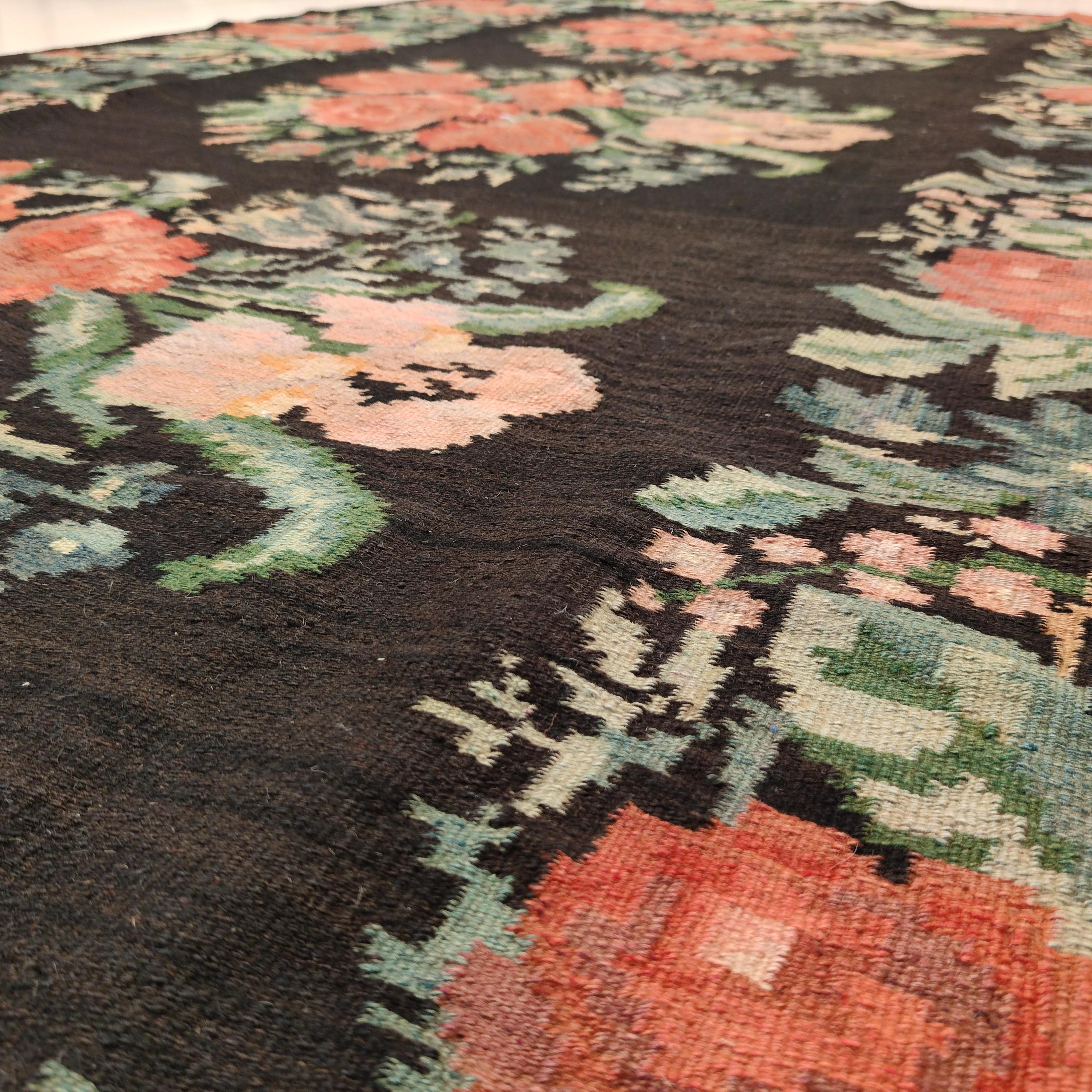 Vintage Black Ground Bessarabian Kilim with Botanical Pattern For Sale 1