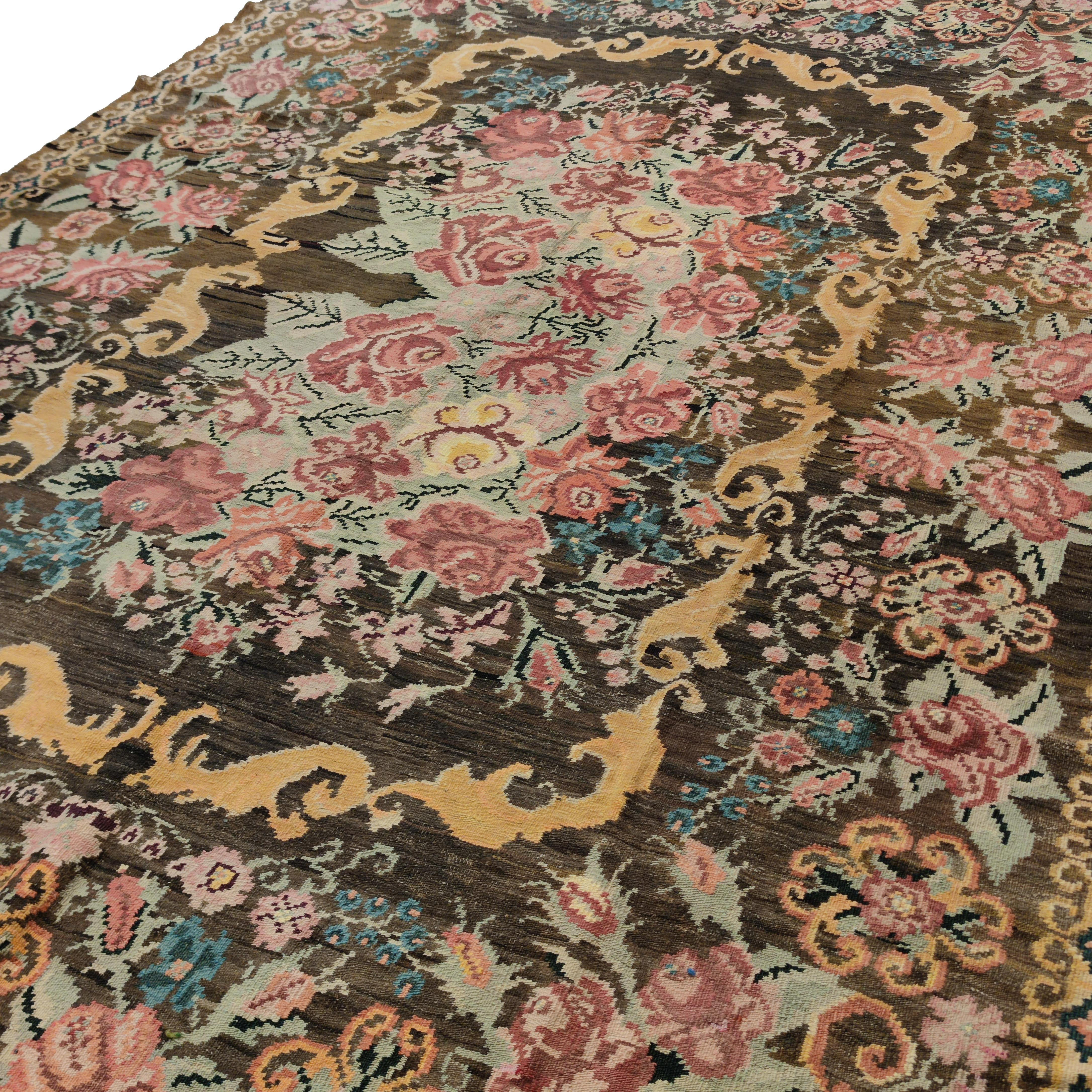 Vintage Black Ground Bessarabian Kilim with Botanical Pattern For Sale 2