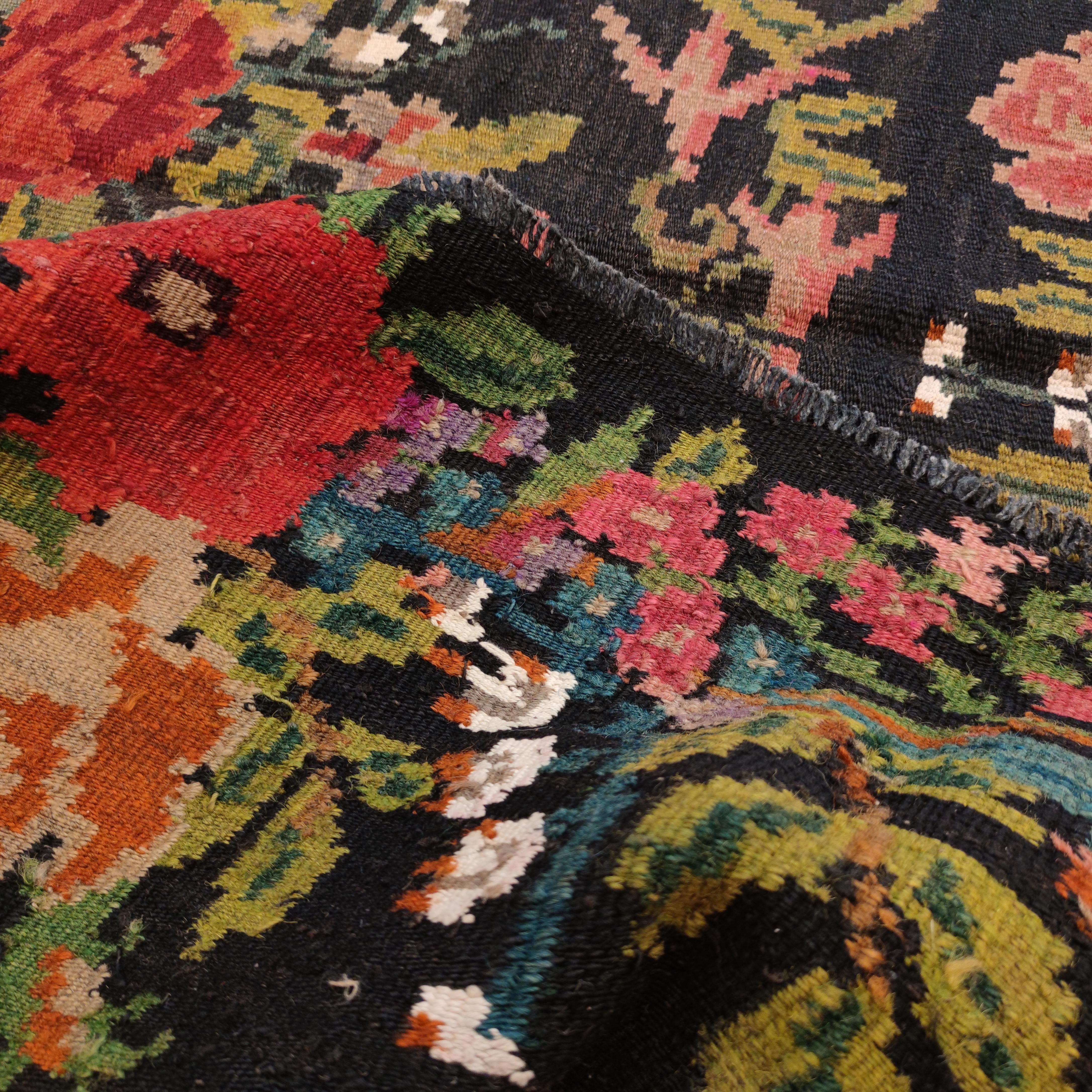 Vintage Black Ground Bessarabian Kilim with Botanical Pattern For Sale 2