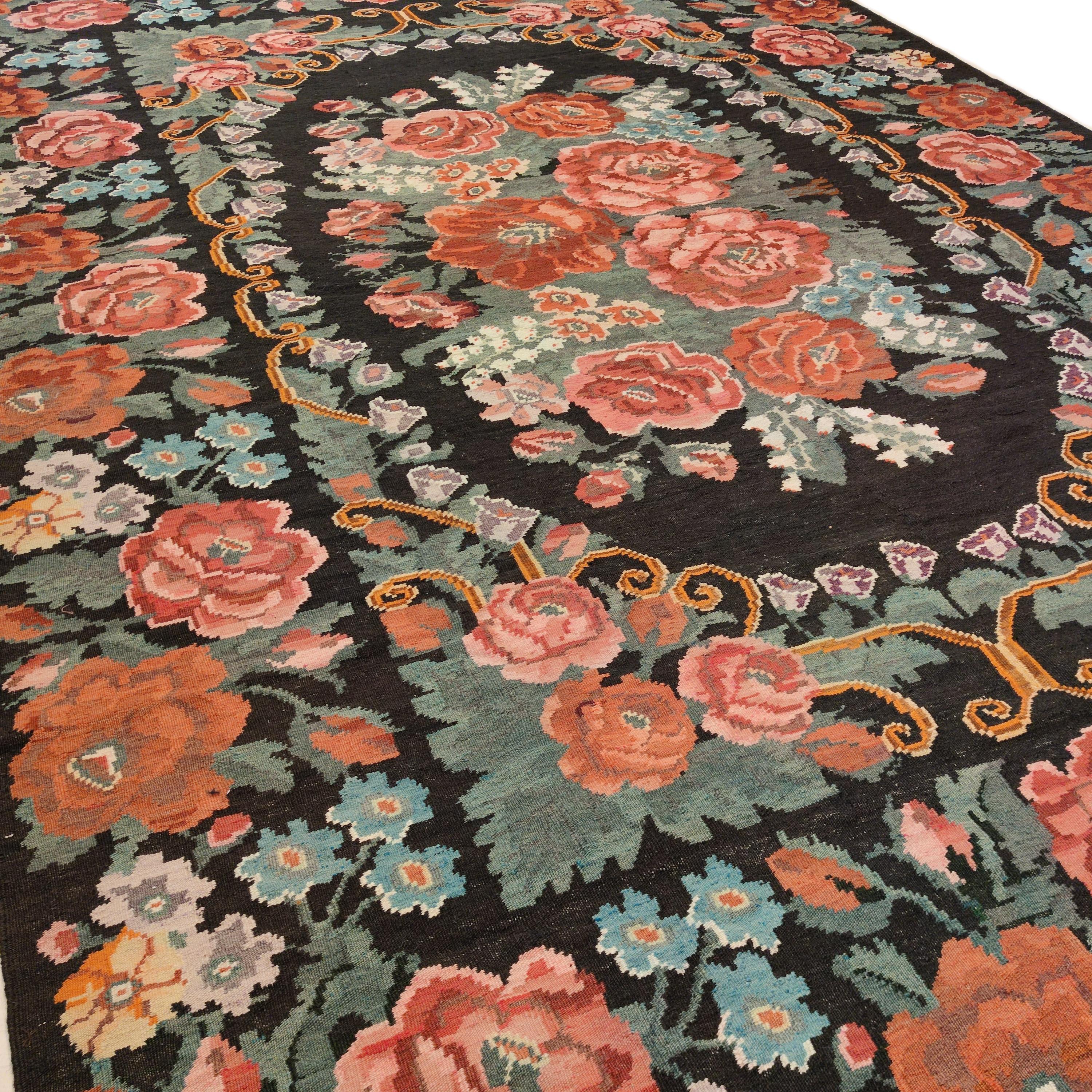 Vintage Black Ground Bessarabian Kilim with Botanical Pattern 2