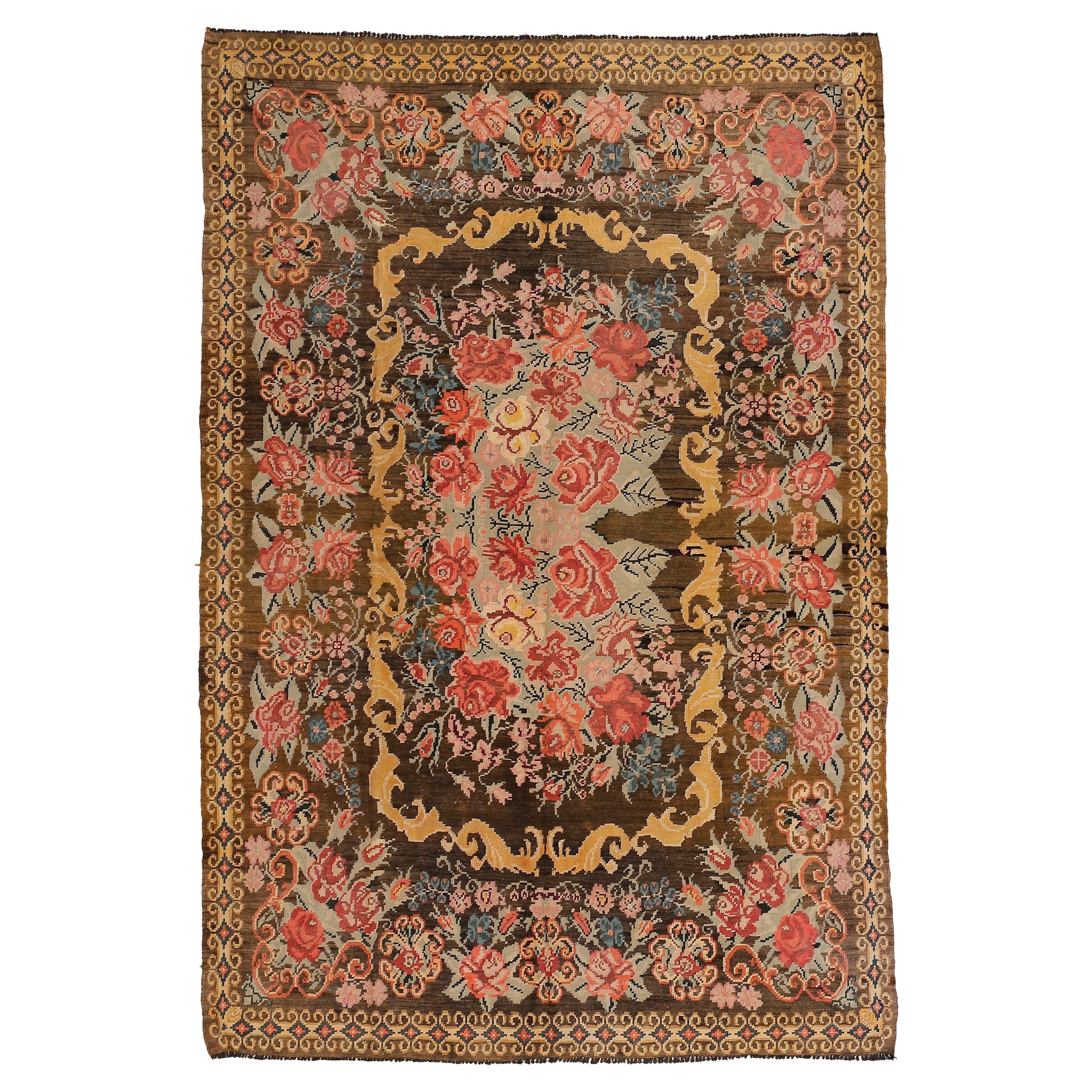 Vintage Black Ground Bessarabian Kilim with Botanical Pattern