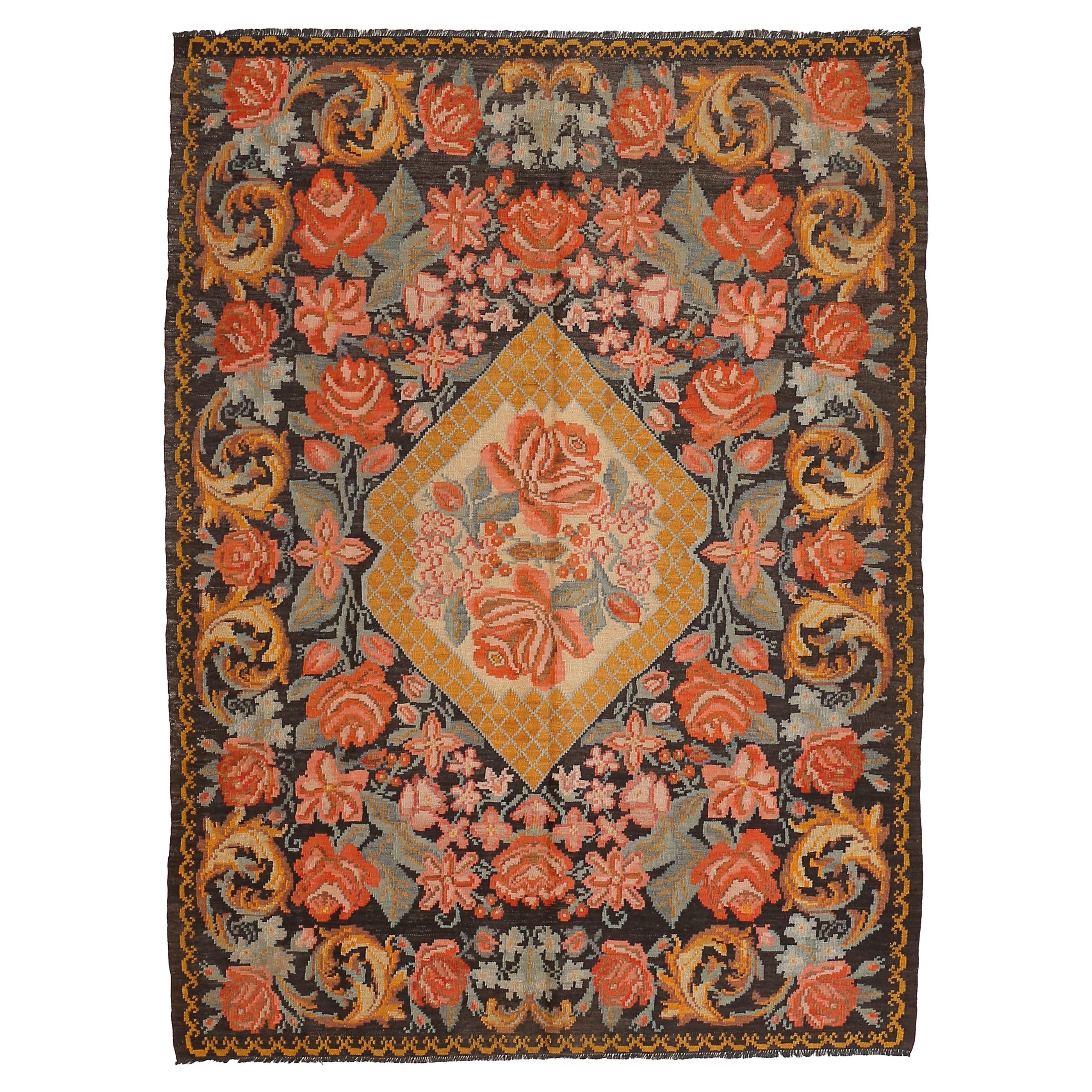 Vintage Black Ground Bessarabian Kilim with Botanical Pattern