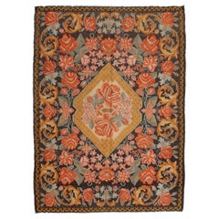 Vintage Black Ground Bessarabian Kilim with Botanical Pattern