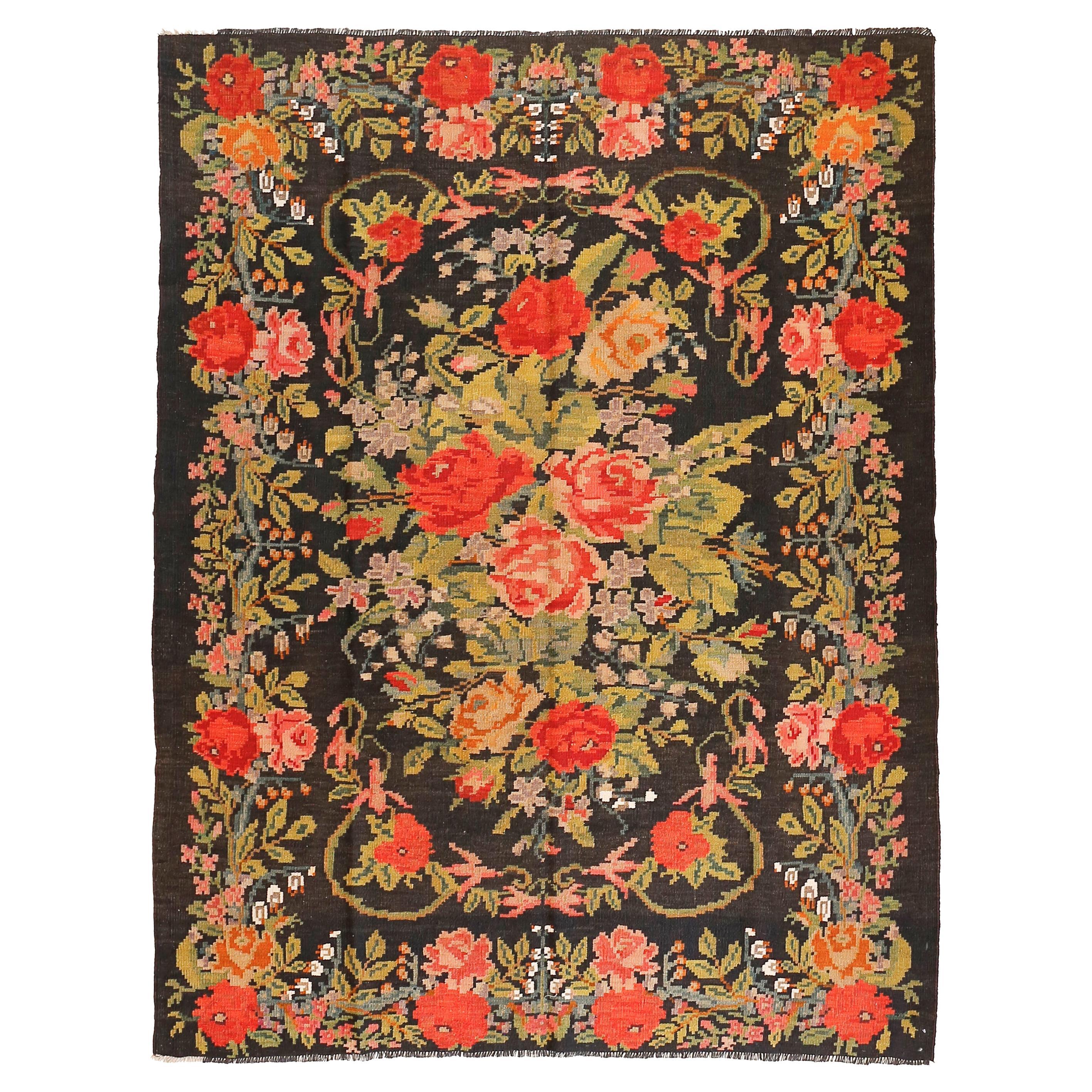 Vintage Black Ground Bessarabian Kilim with Botanical Pattern