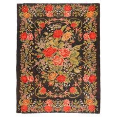 Vintage Black Ground Bessarabian Kilim with Botanical Pattern