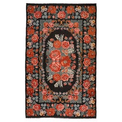 Vintage Black Ground Bessarabian Kilim with Botanical Pattern