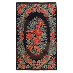 Vintage Black Ground Bessarabian Kilim with Botanical Pattern