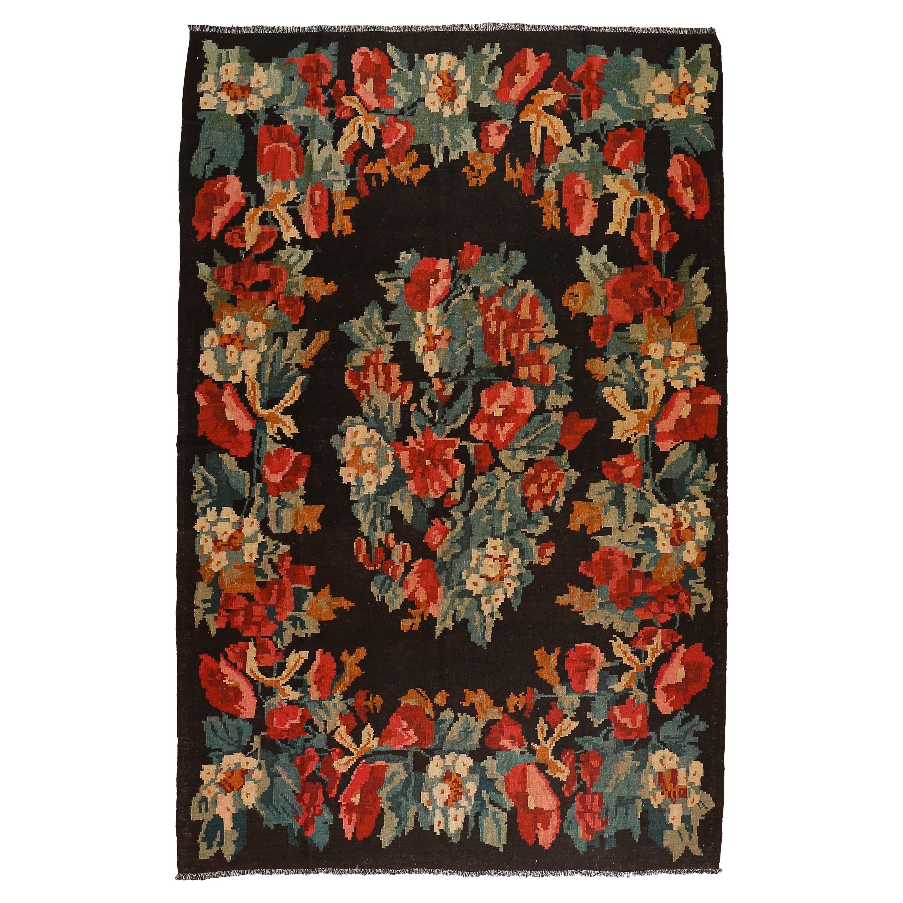 Vintage Black Ground Bessarabian Kilim with Botanical Pattern