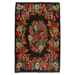 Bessarabischer Vintage-Kelim mit schwarzem Grund und botanischem Muster