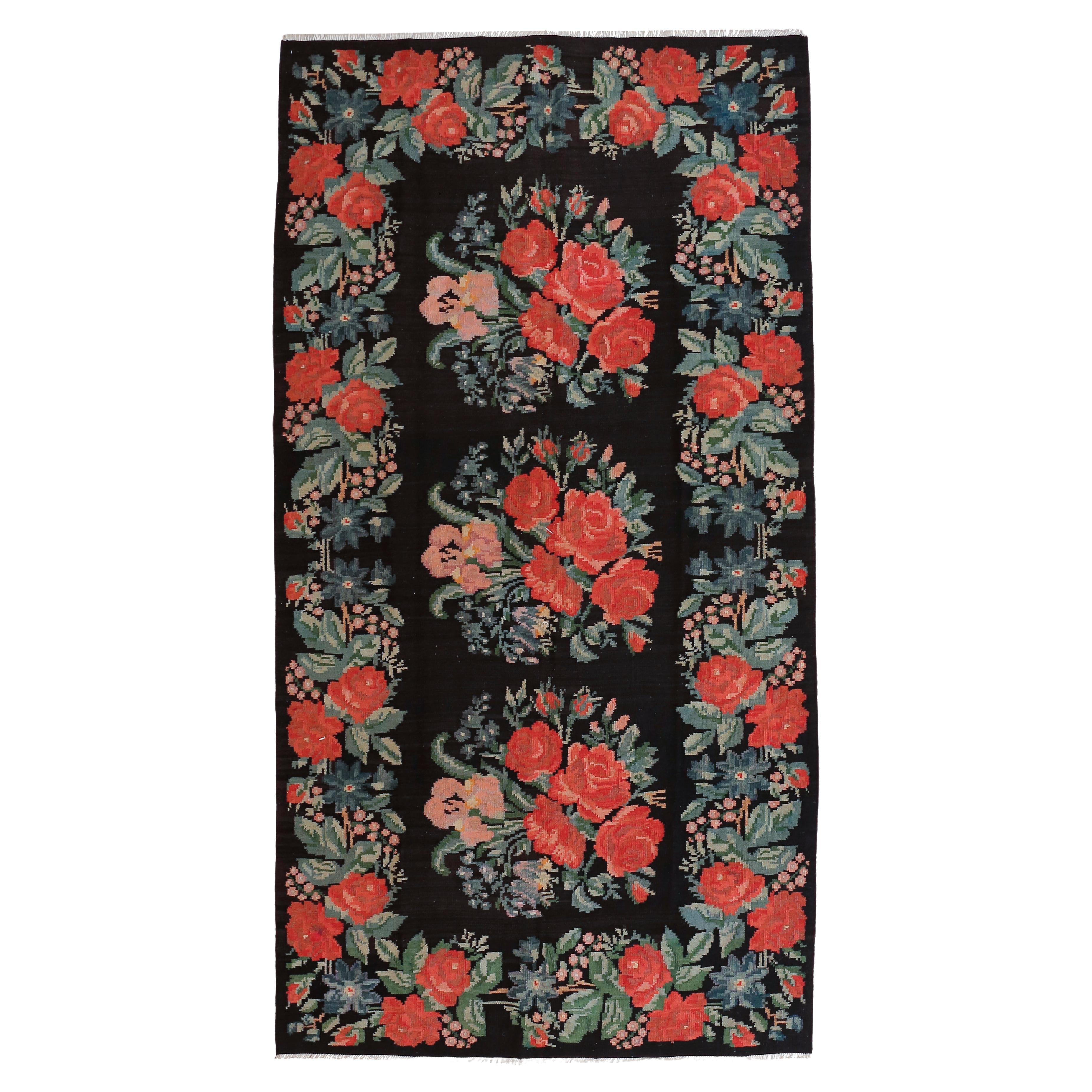 Vintage Black Ground Bessarabian Kilim with Botanical Pattern