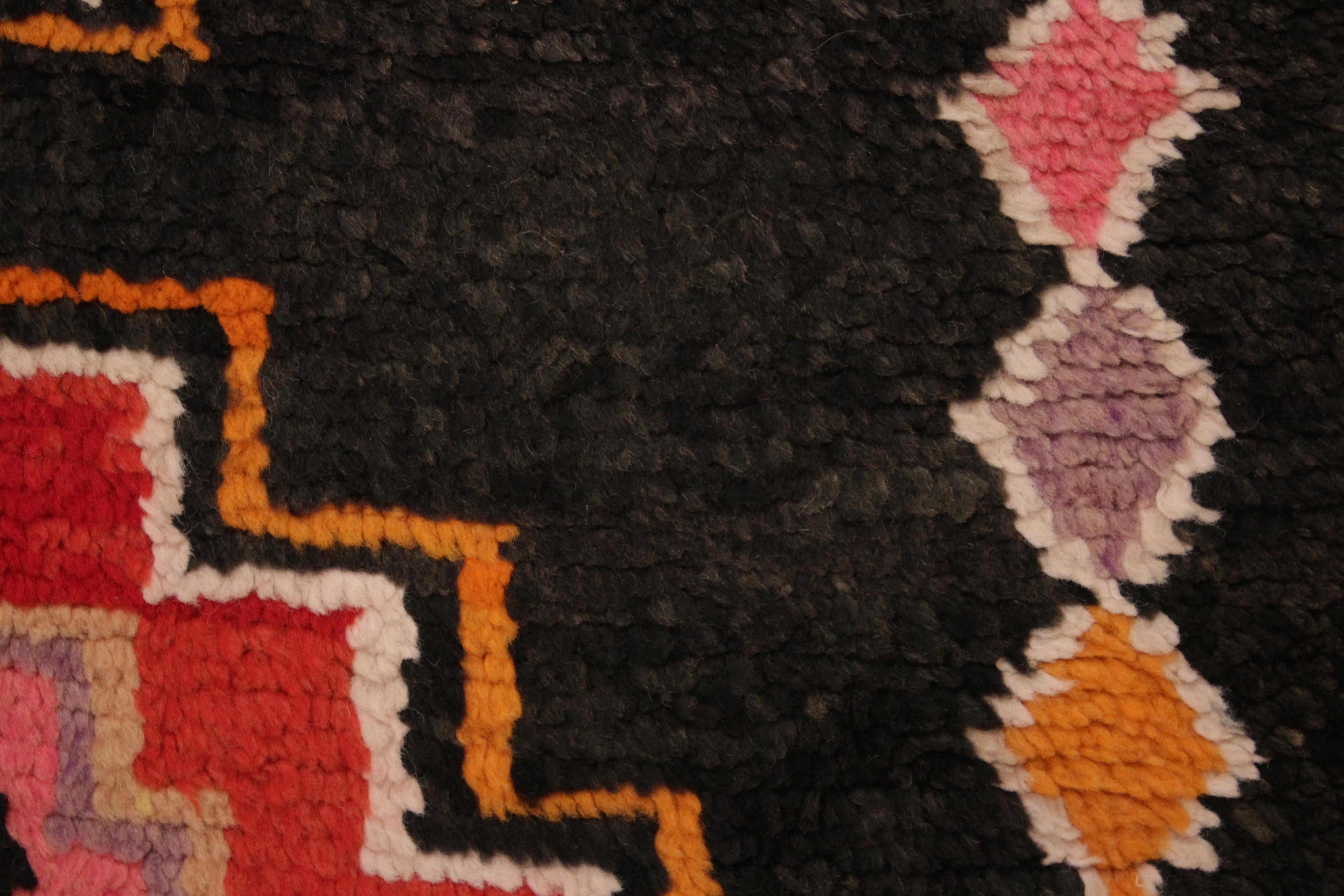 Wool Vintage Black Ground Boujad Moroccan Berber Rug with Polychrome Stepped Diamonds For Sale