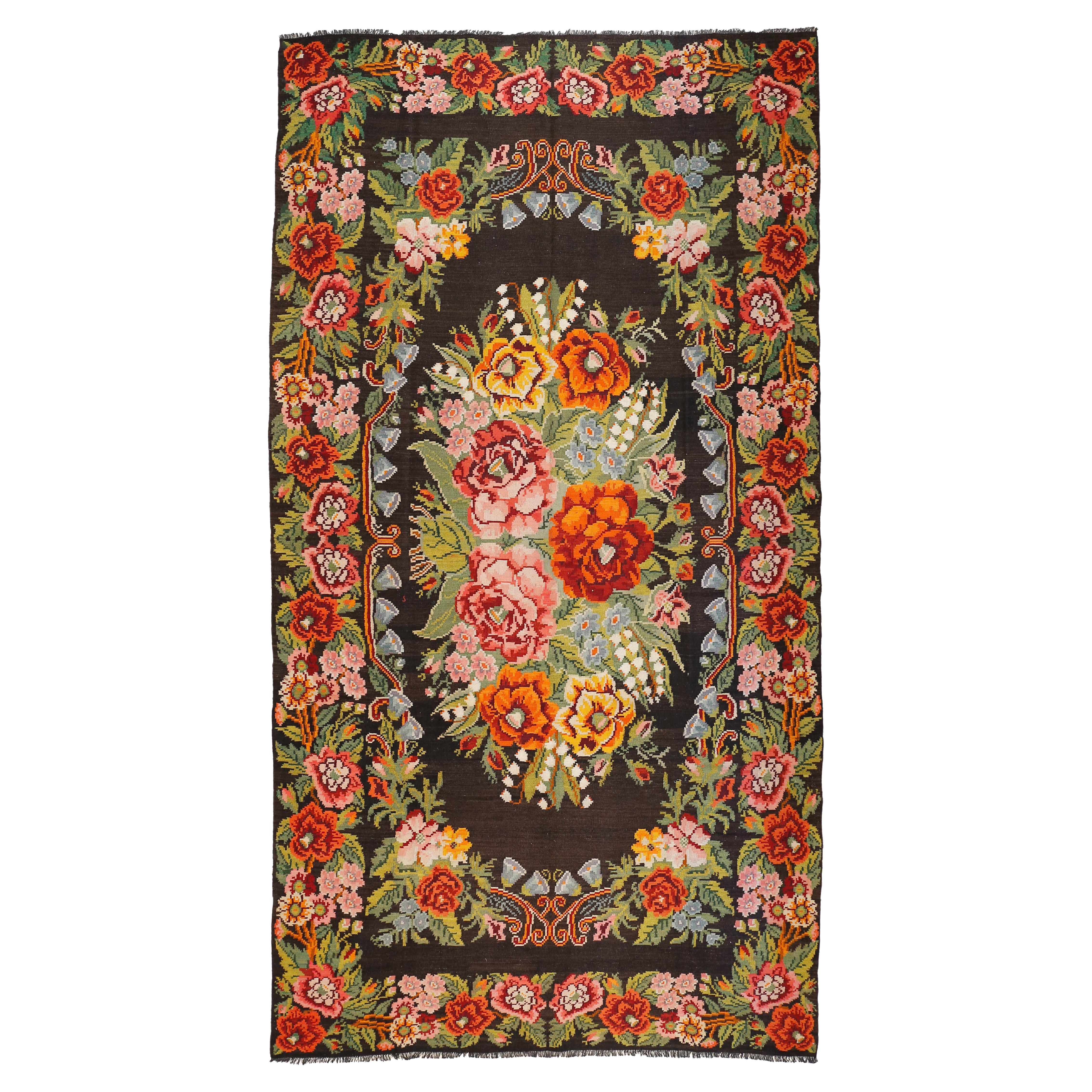 Vintage Black Ground Oversize Bessarabian Kilim with Botanical Pattern