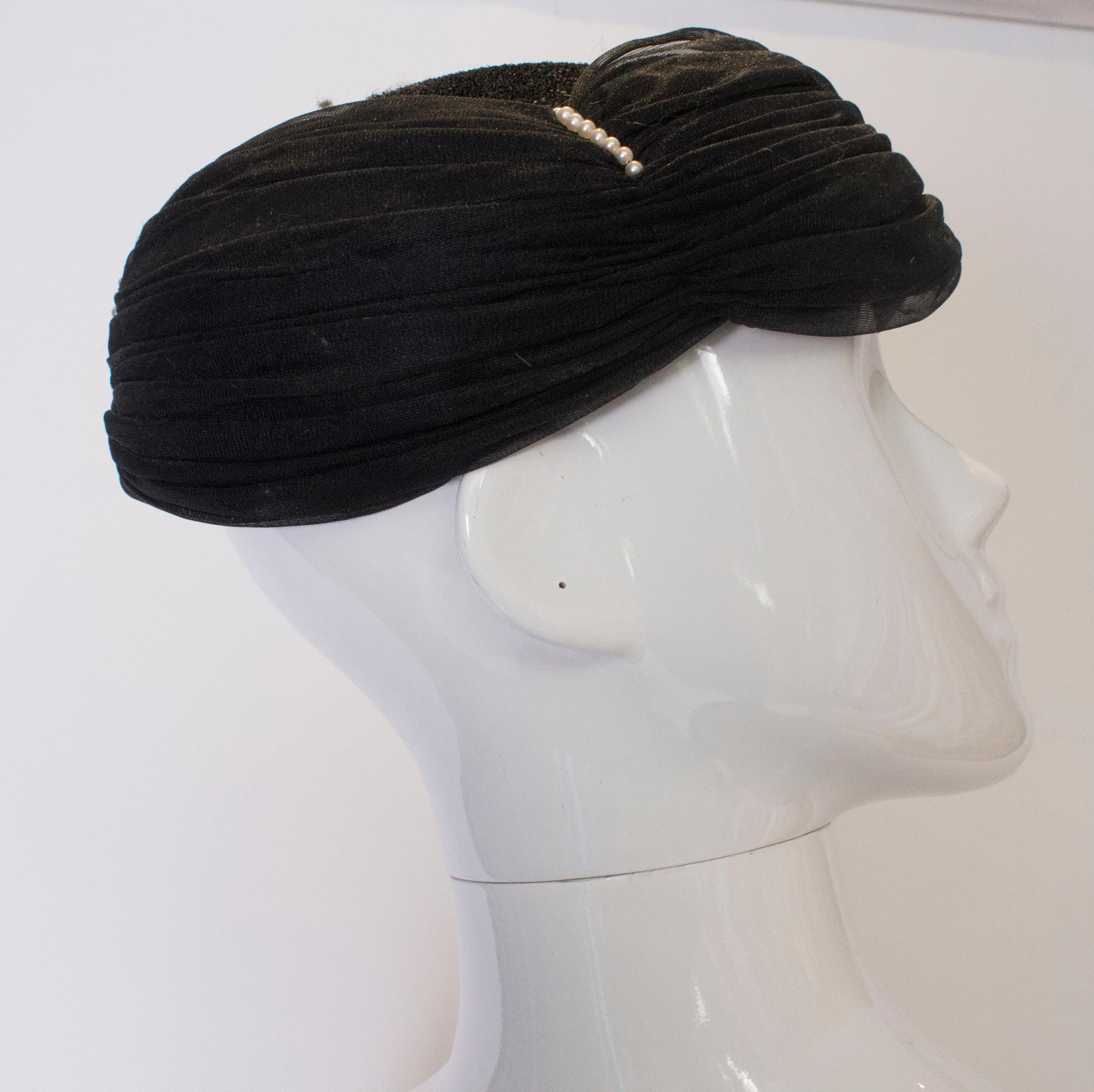 Women's Vintage Black Hat with Pearl Detail For Sale