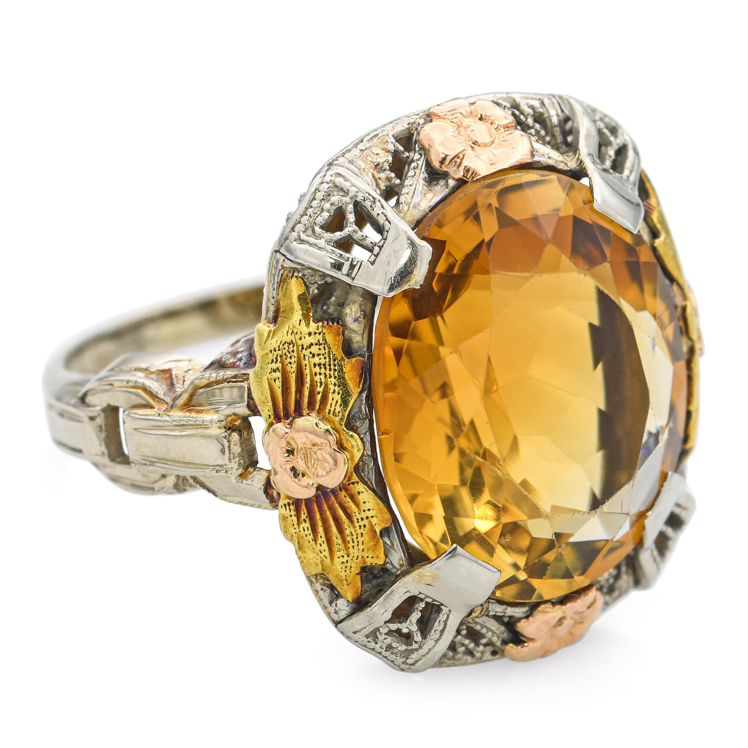 Vintage I Hill Bague Citrine en or 13k Tri-Tone en vente 1