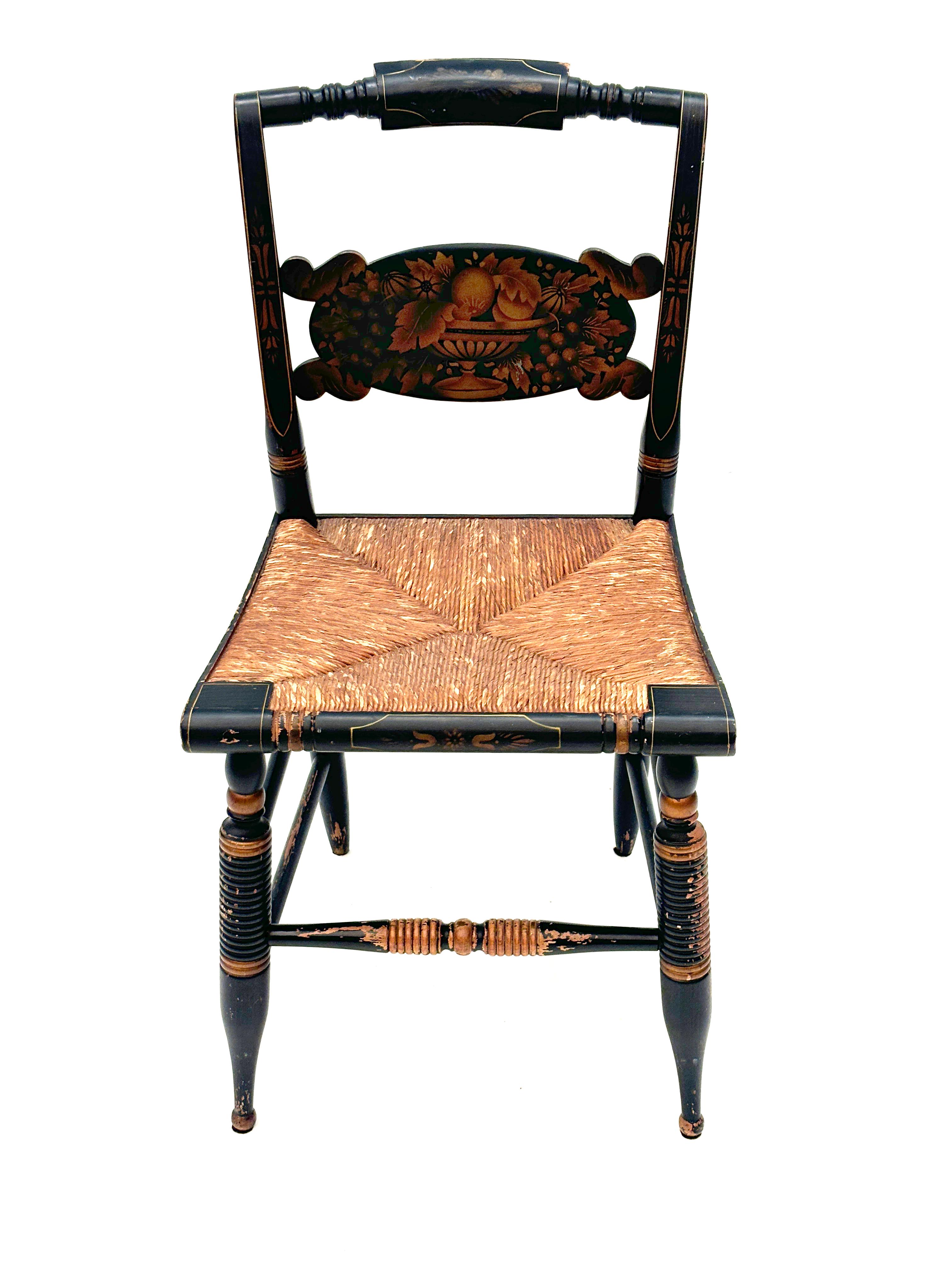 Vintage Black Hitchcock Chairs, Three Side Chairs, One Armed Chair For Sale 6