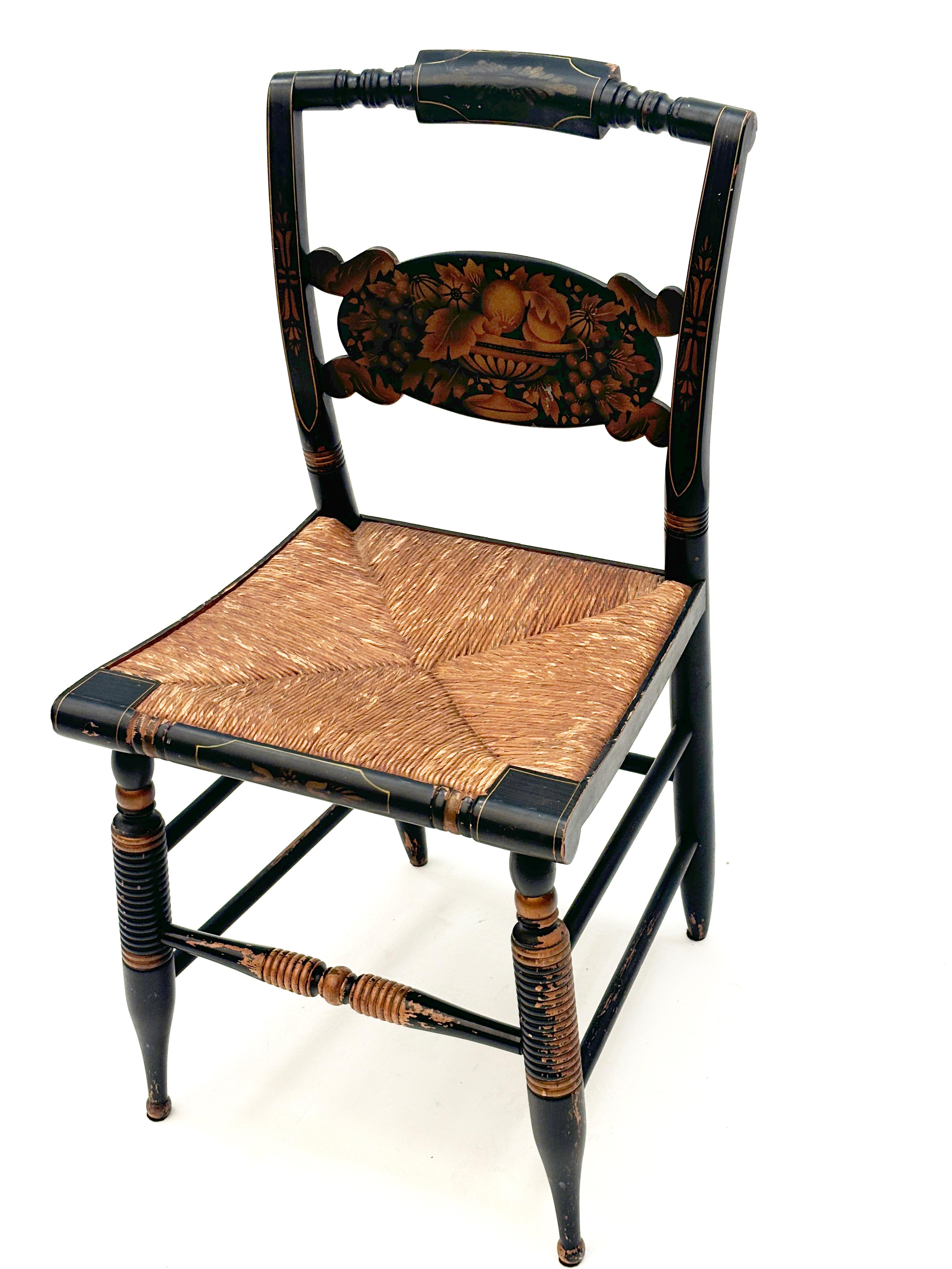 Vintage Black Hitchcock Chairs, Three Side Chairs, One Armed Chair For Sale 7
