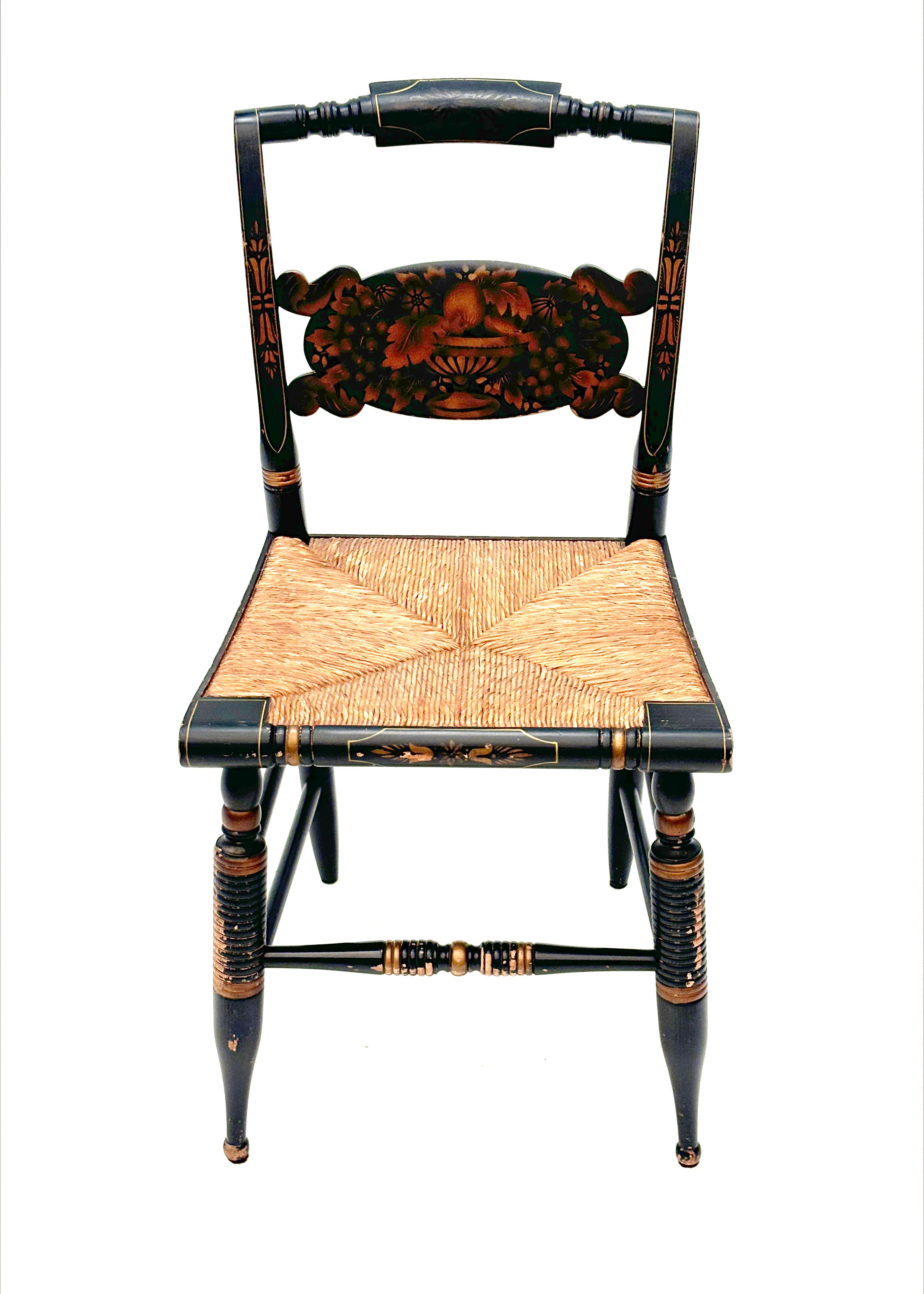 Vintage Black Hitchcock Chairs, Three Side Chairs, One Armed Chair For Sale 11