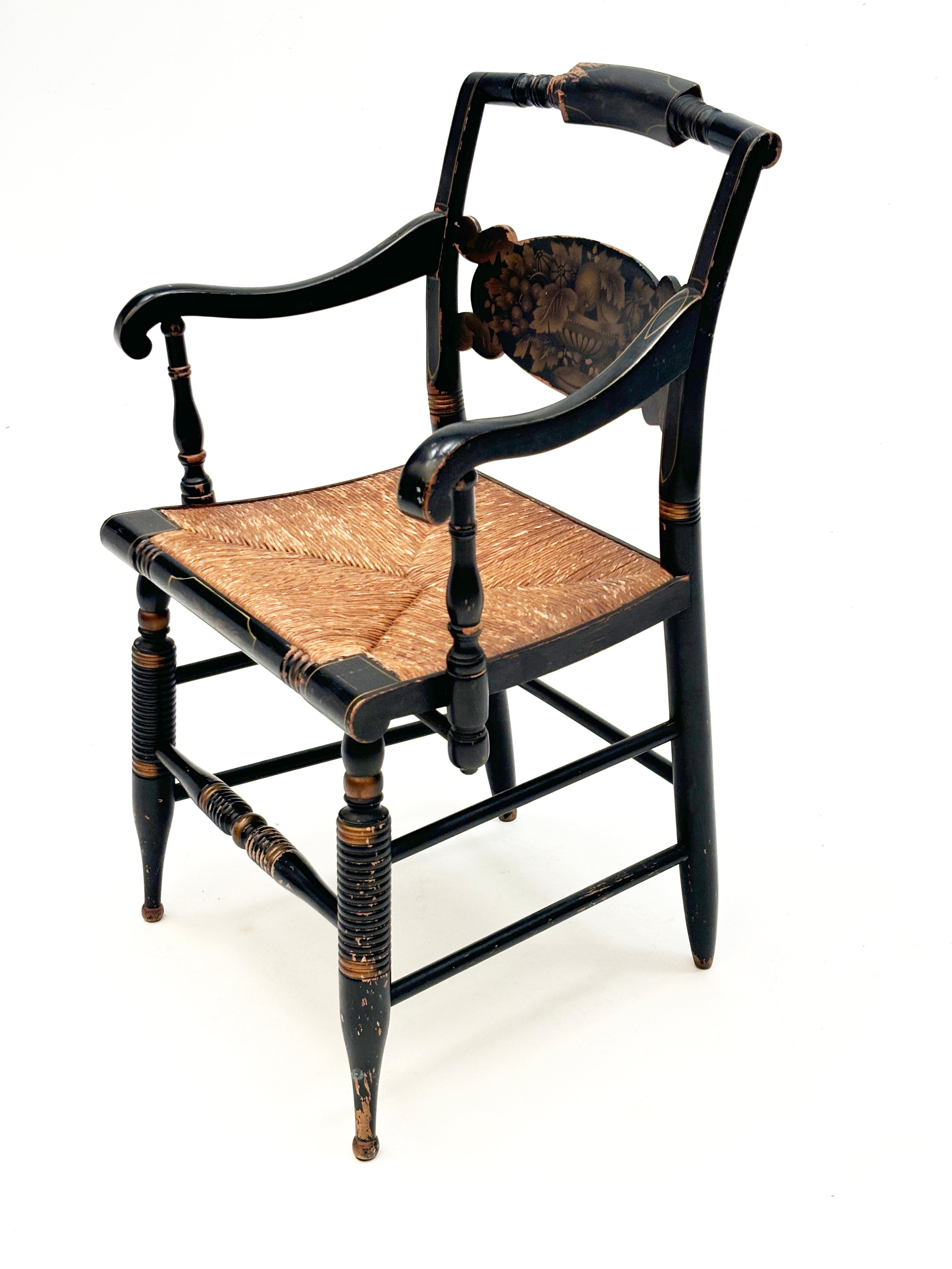 American Classical Vintage Black Hitchcock Chairs, Three Side Chairs, One Armed Chair For Sale