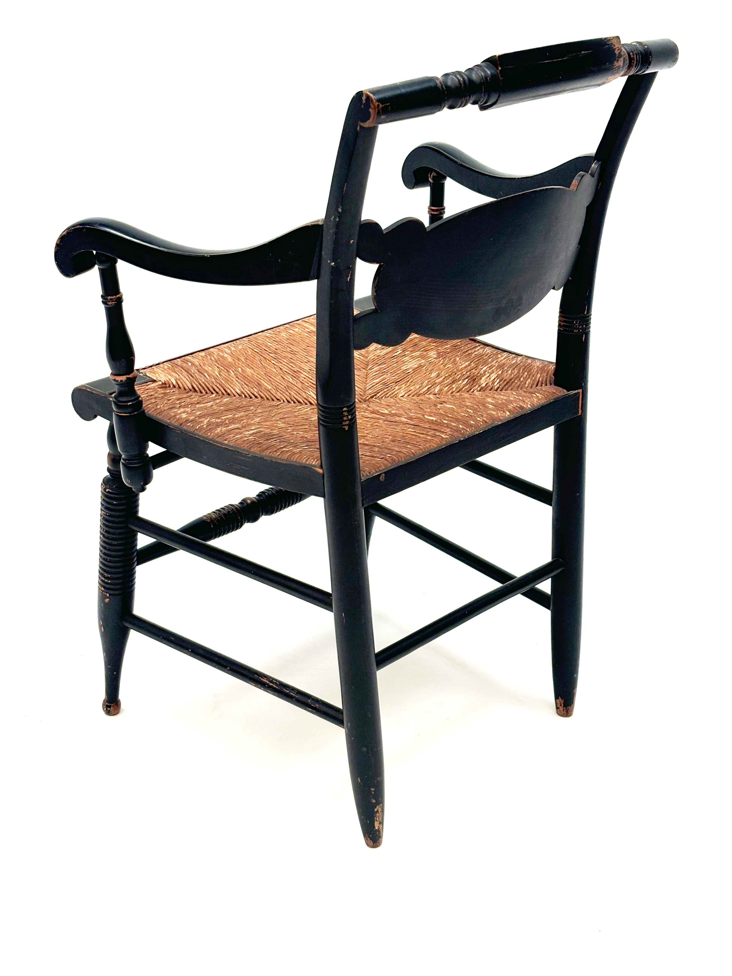Painted Vintage Black Hitchcock Chairs, Three Side Chairs, One Armed Chair For Sale
