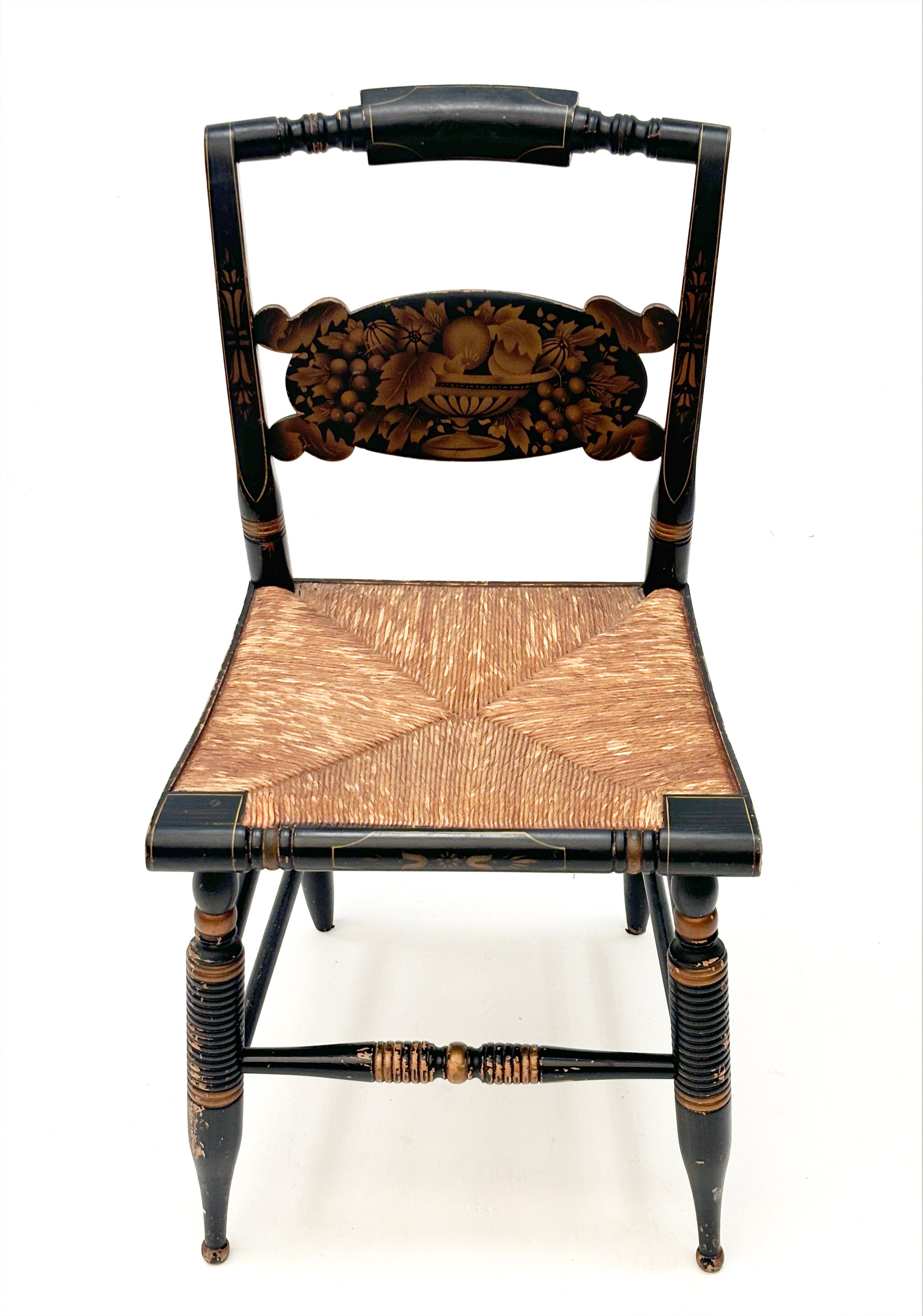 19th Century Vintage Black Hitchcock Chairs, Three Side Chairs, One Armed Chair For Sale