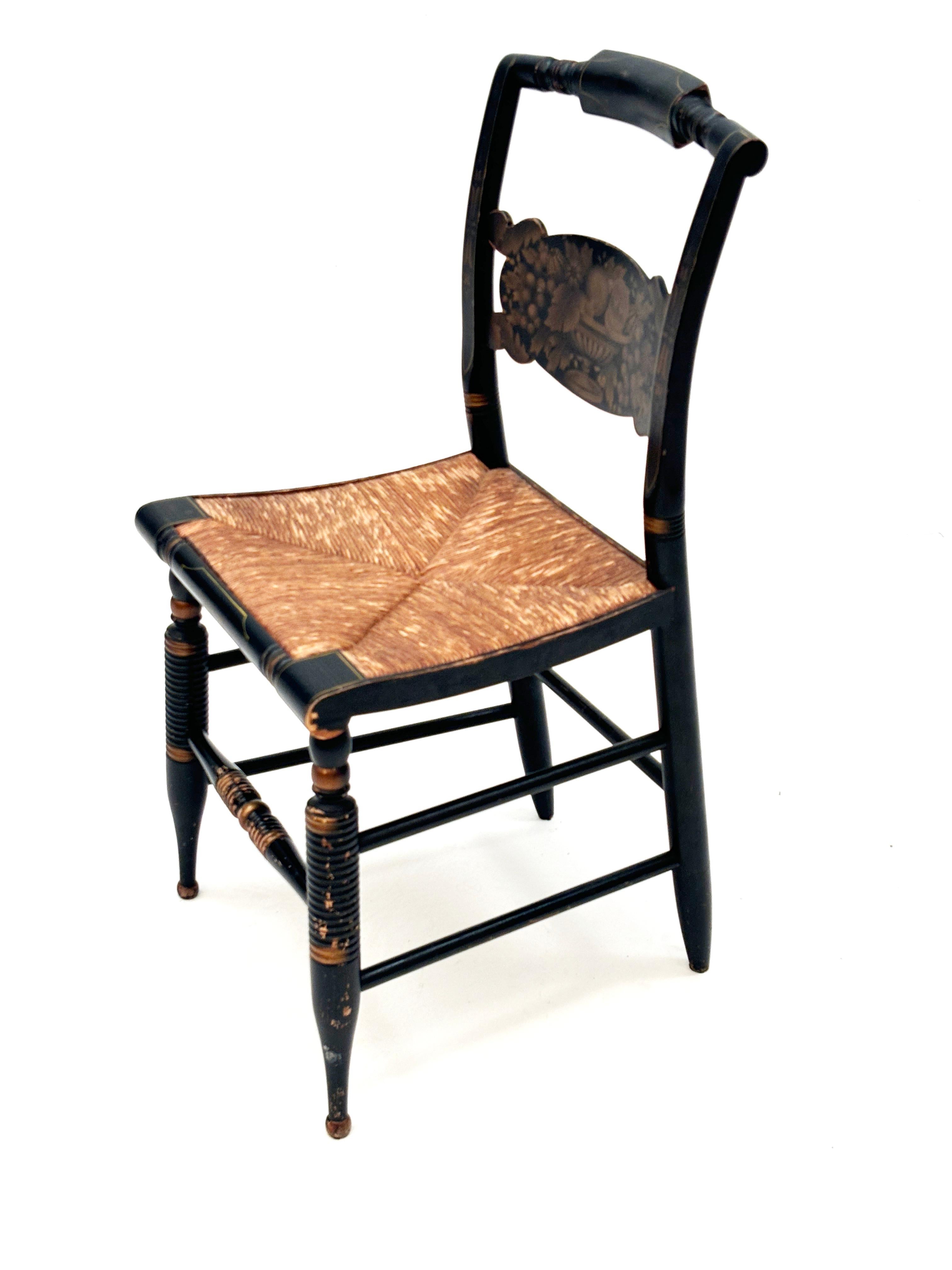 Vintage Black Hitchcock Chairs, Three Side Chairs, One Armed Chair For Sale 1