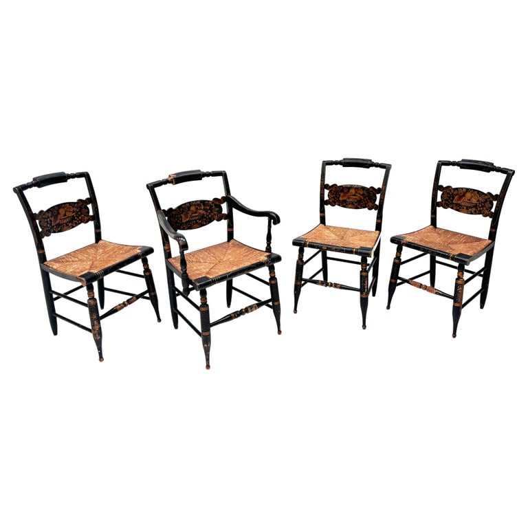 Vintage Black Hitchcock Chairs, Three Side Chairs, One Armed Chair