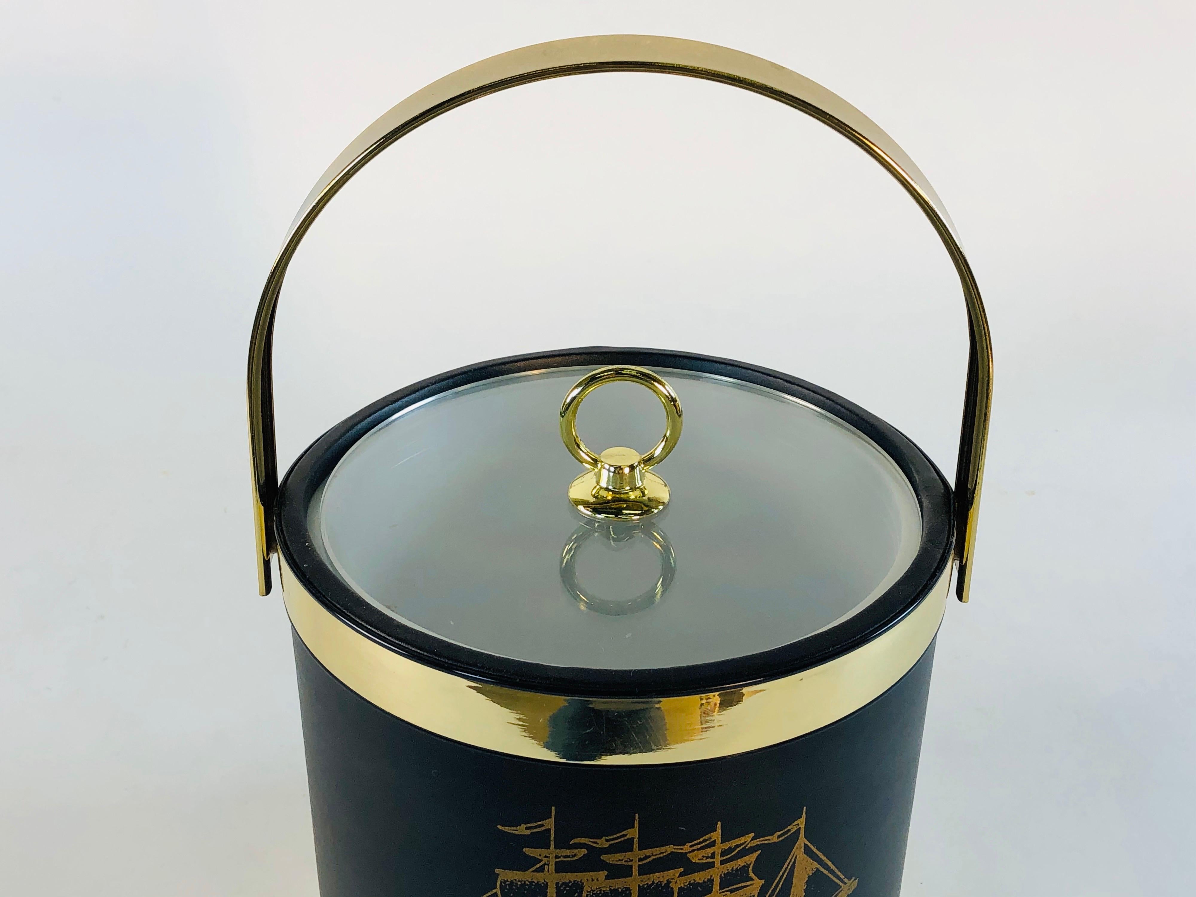 Mid-Century Modern Vintage Black Ice Bucket with Ship Design