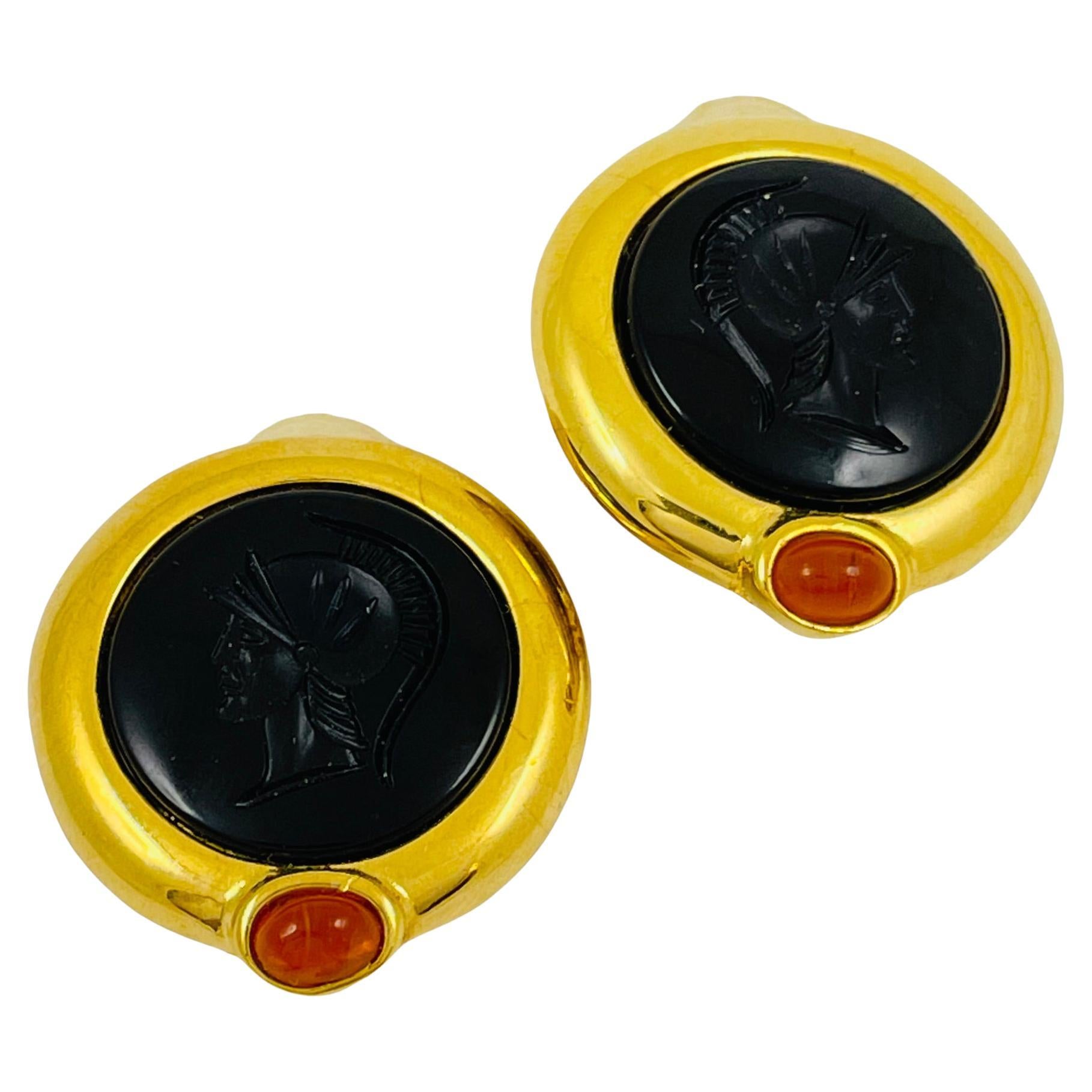 Vintage black intaglio glass Roman Centurion designer runway clip on earrings