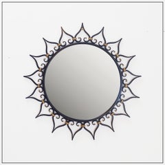 Vintage Black ironwork frame sun Mirror, Chaty Vallauris Style 1950s