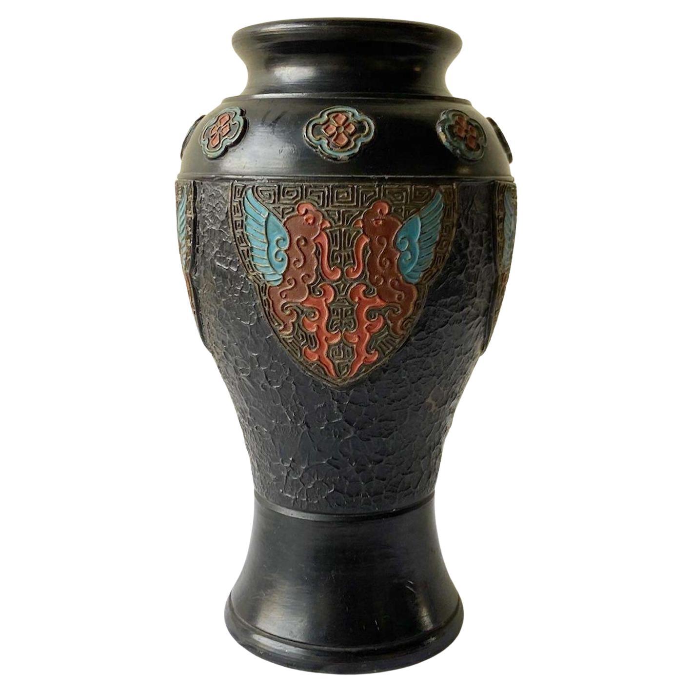Schwarze japanische Tokanabe-Keramik-Vase, Vintage