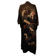 Vintage Black Kimono with Gold Dragon Embroidery