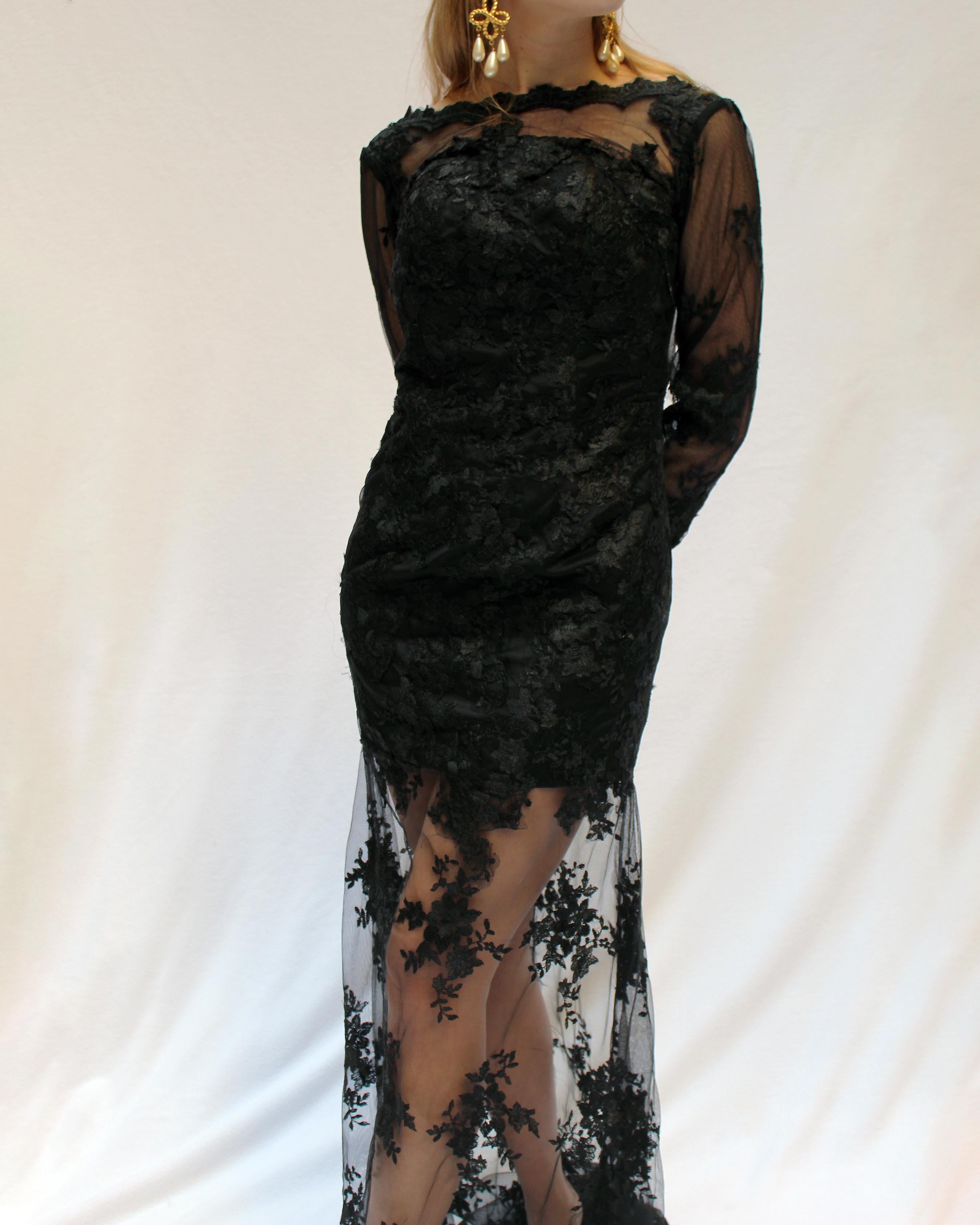 This vintage black lace gown reminds me of Dolce & Gabbana 90s designs— so simultaneously sensual, and classic. Made in the 90s or early 2000s, this piece was custom made, with a hidden corset bodice, and gorgeous lace throughout. The bottom of the
