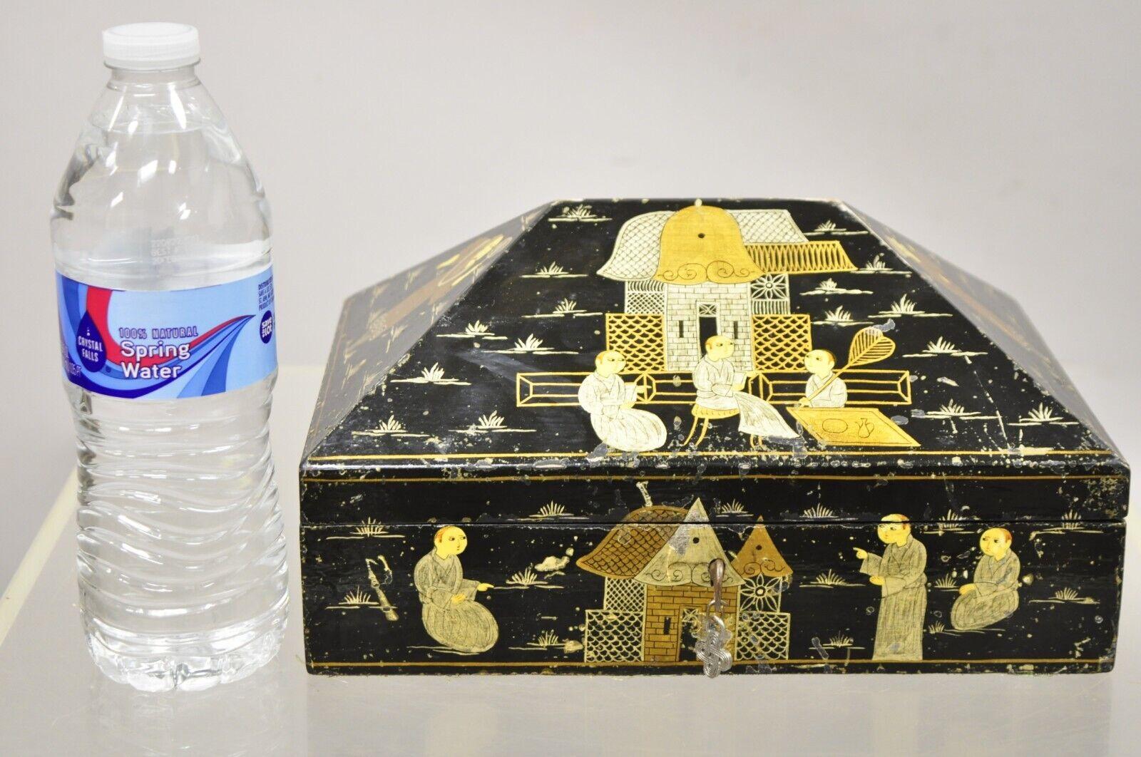 Vintage Black Lacquer Chinese Oriental Figural Pyramid Pagoda Jewelry Box 2
