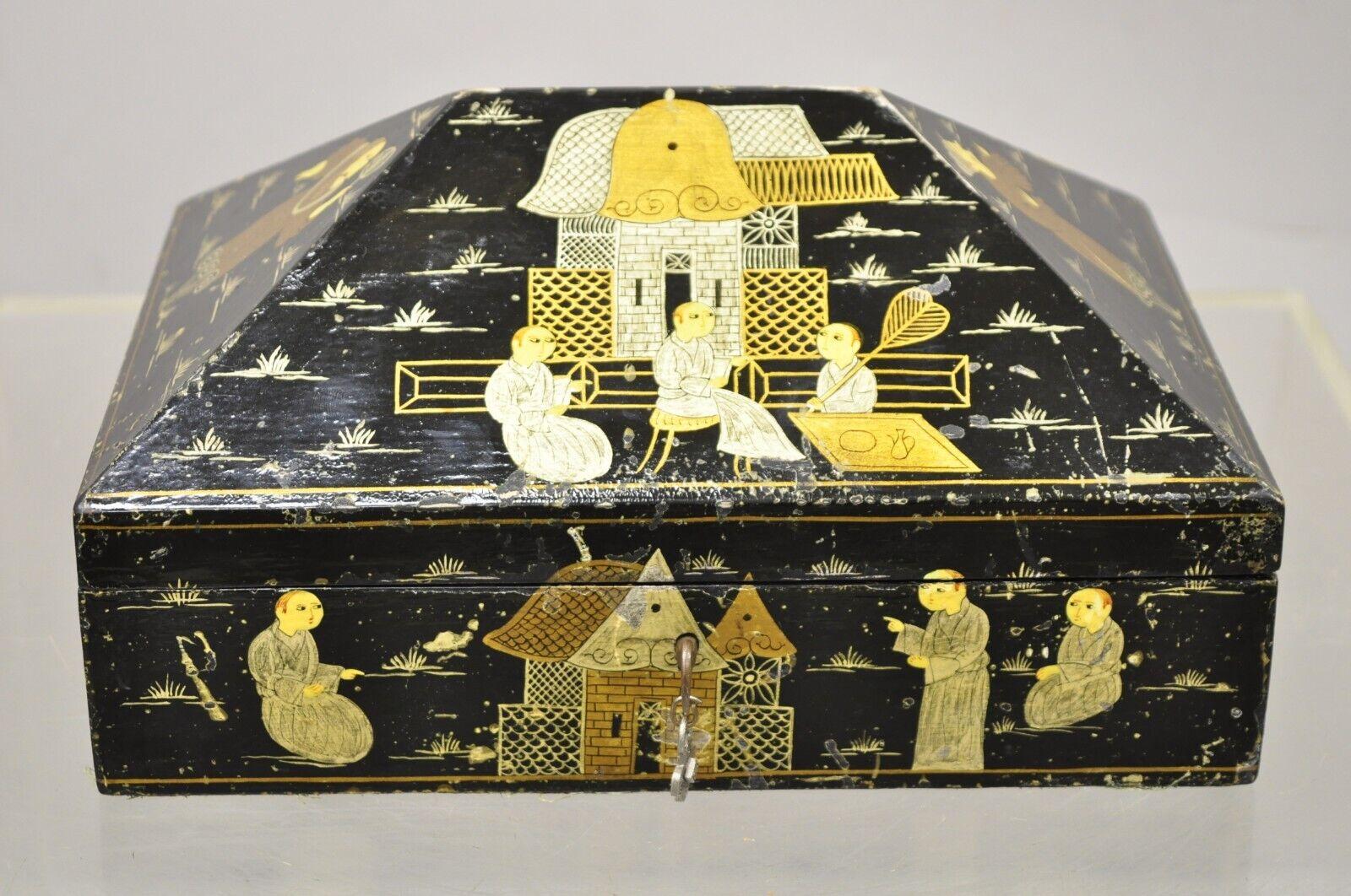 Vintage Black Lacquer Chinese Oriental Figural Pyramid Pagoda Jewelry Box 3