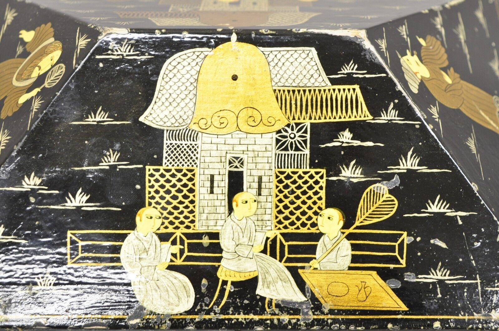 Vintage Black Lacquer Chinese Oriental Figural Pyramid Pagoda Jewelry Box 4